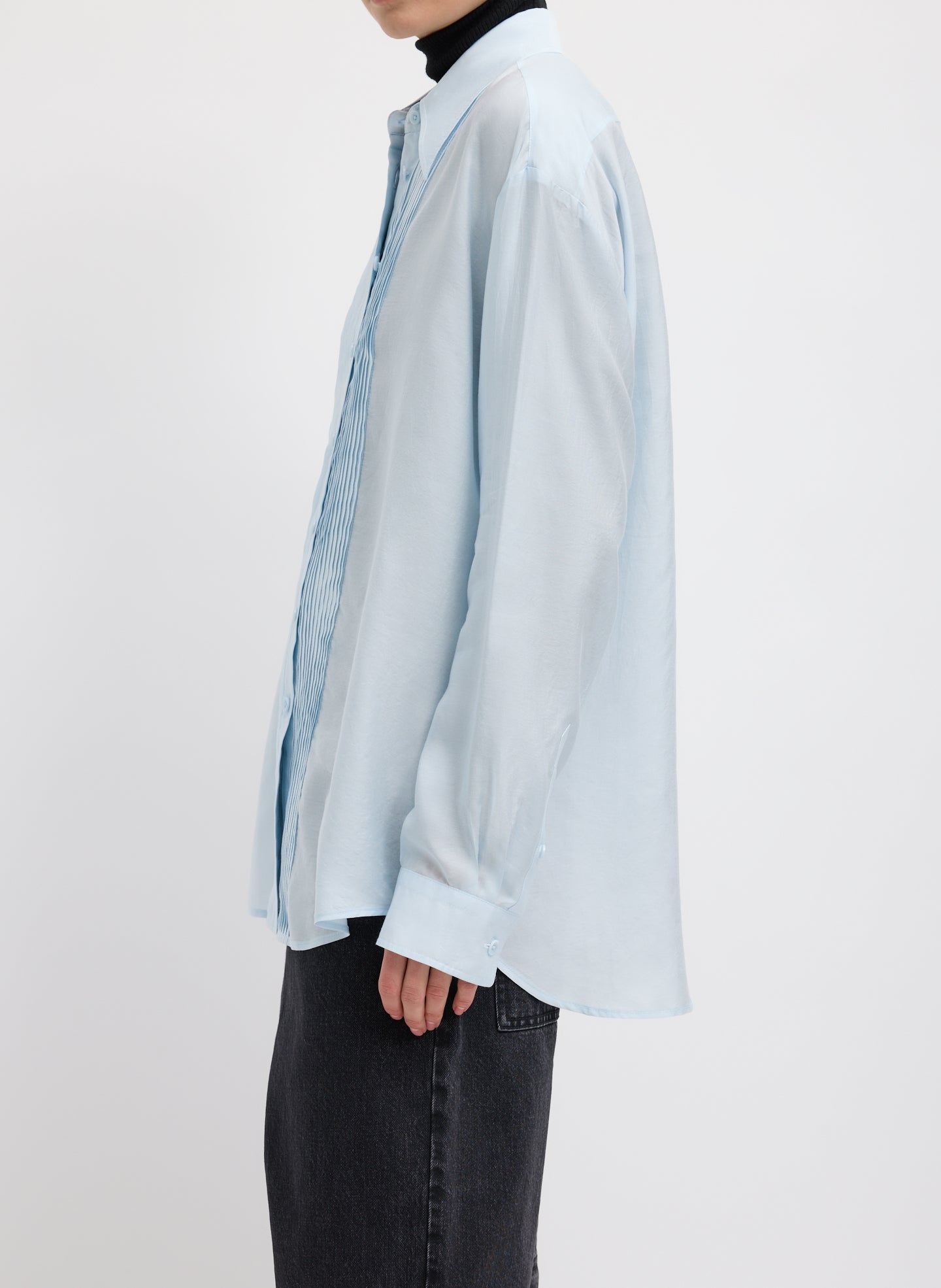 Pale Blue Silk Voile Easy Pintucked Shirt - button down, side view on model