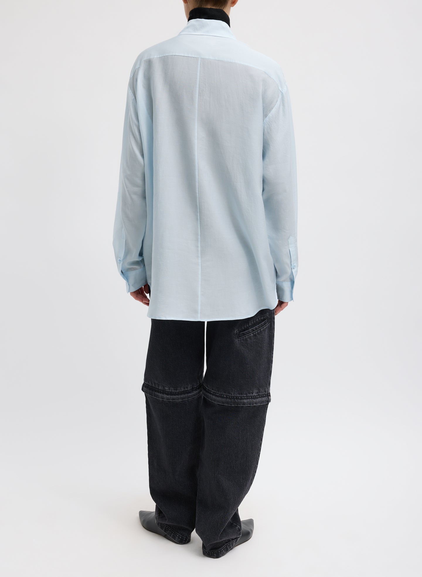 Pale Blue Silk Voile Easy Pintucked Shirt - full look, back view on model