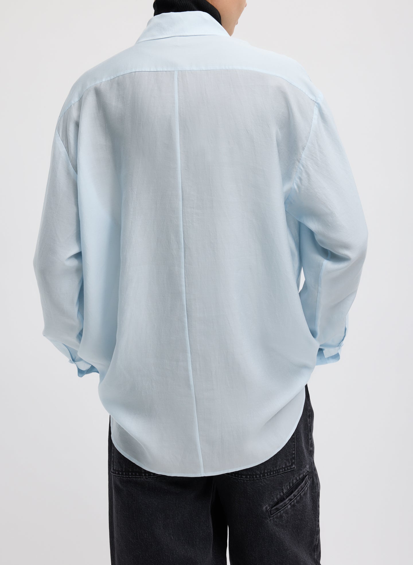 Pale Blue Silk Voile Easy Pintucked Shirt - button down, back view on model