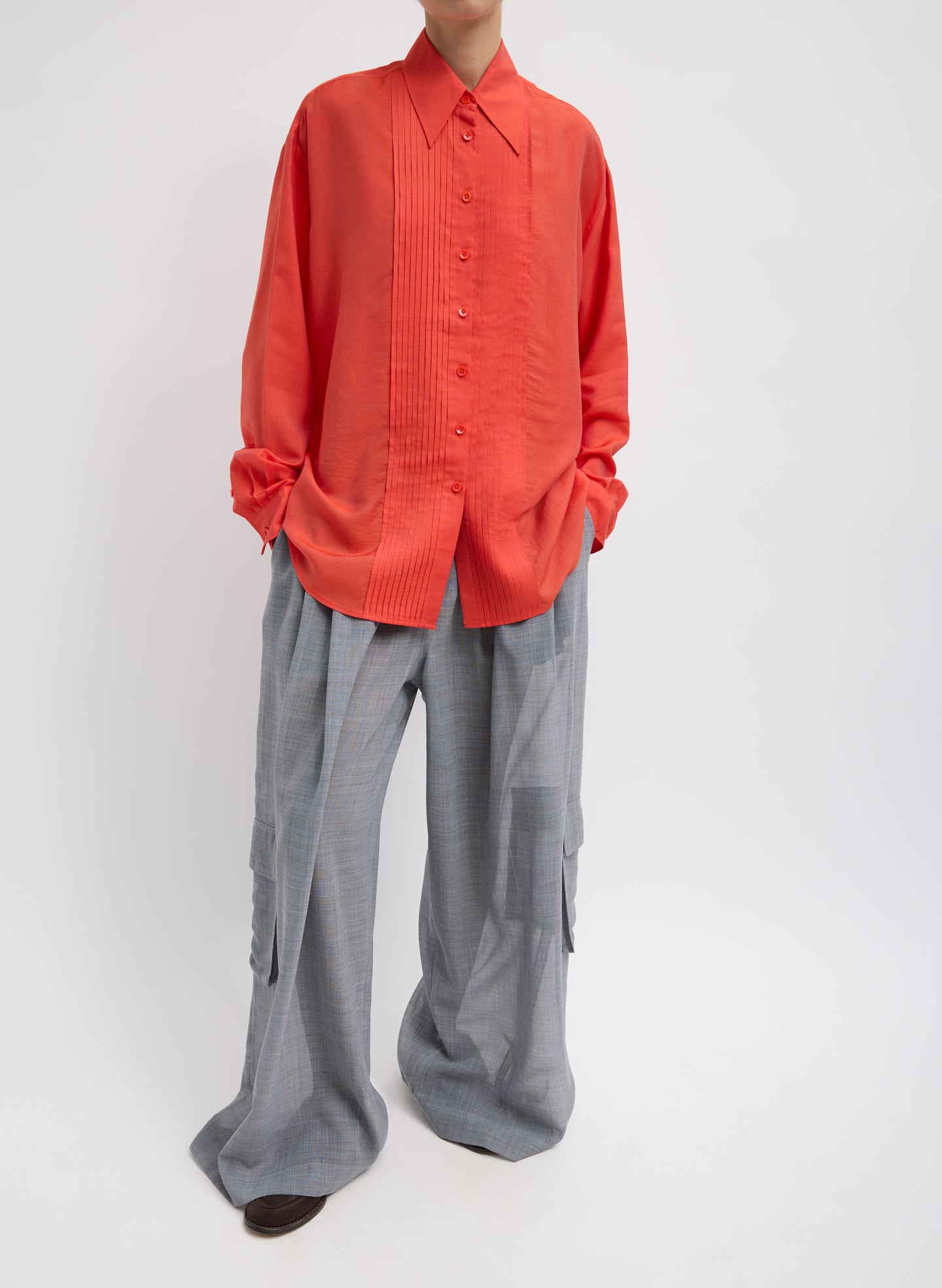 Red Silk Voile Easy Pintucked Shirt - full look, front view on model