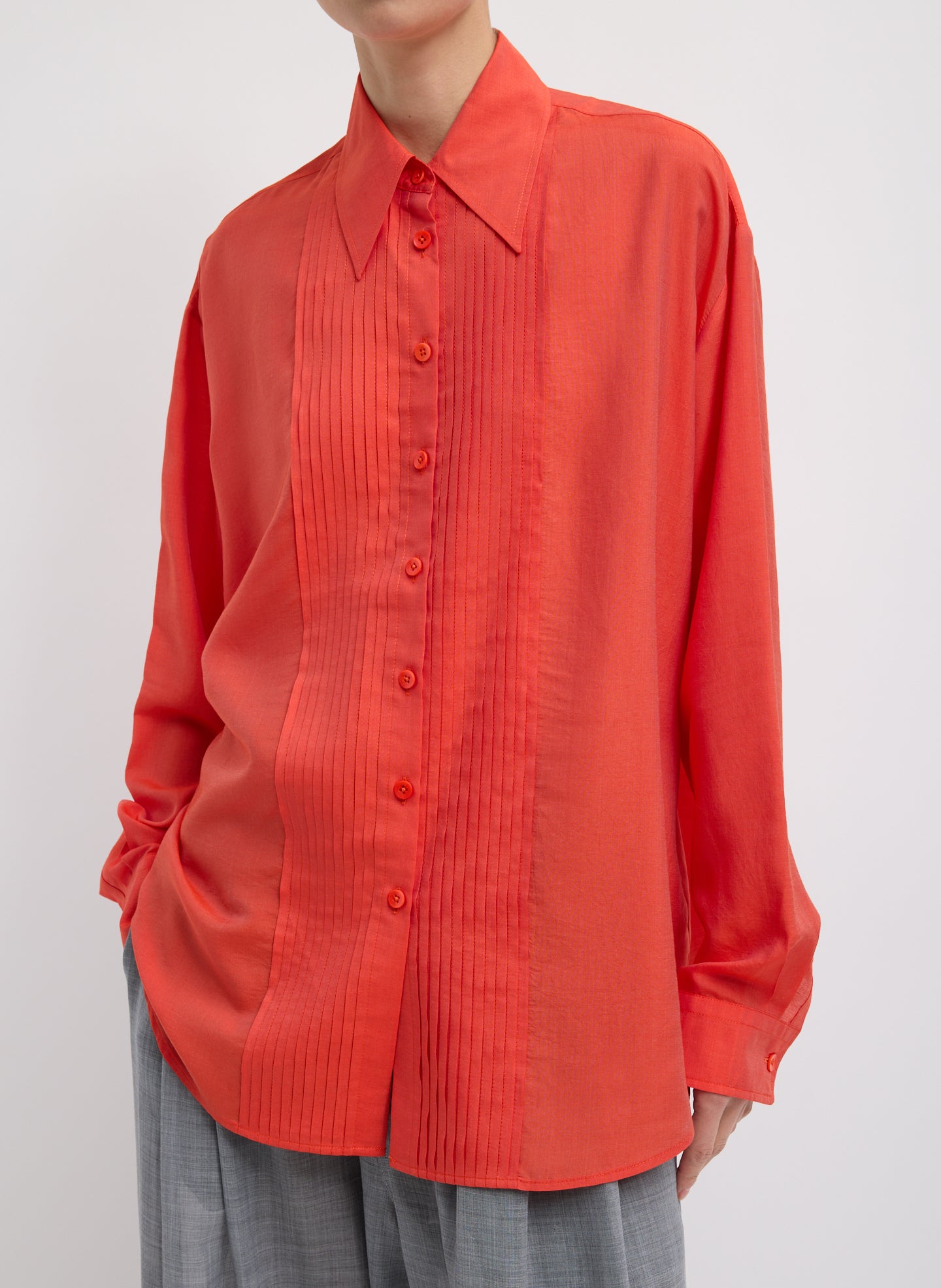 Silk Voile Easy Pintucked Shirt - Red Silk Voile Easy Pintucked Shirt - button down, front view on model