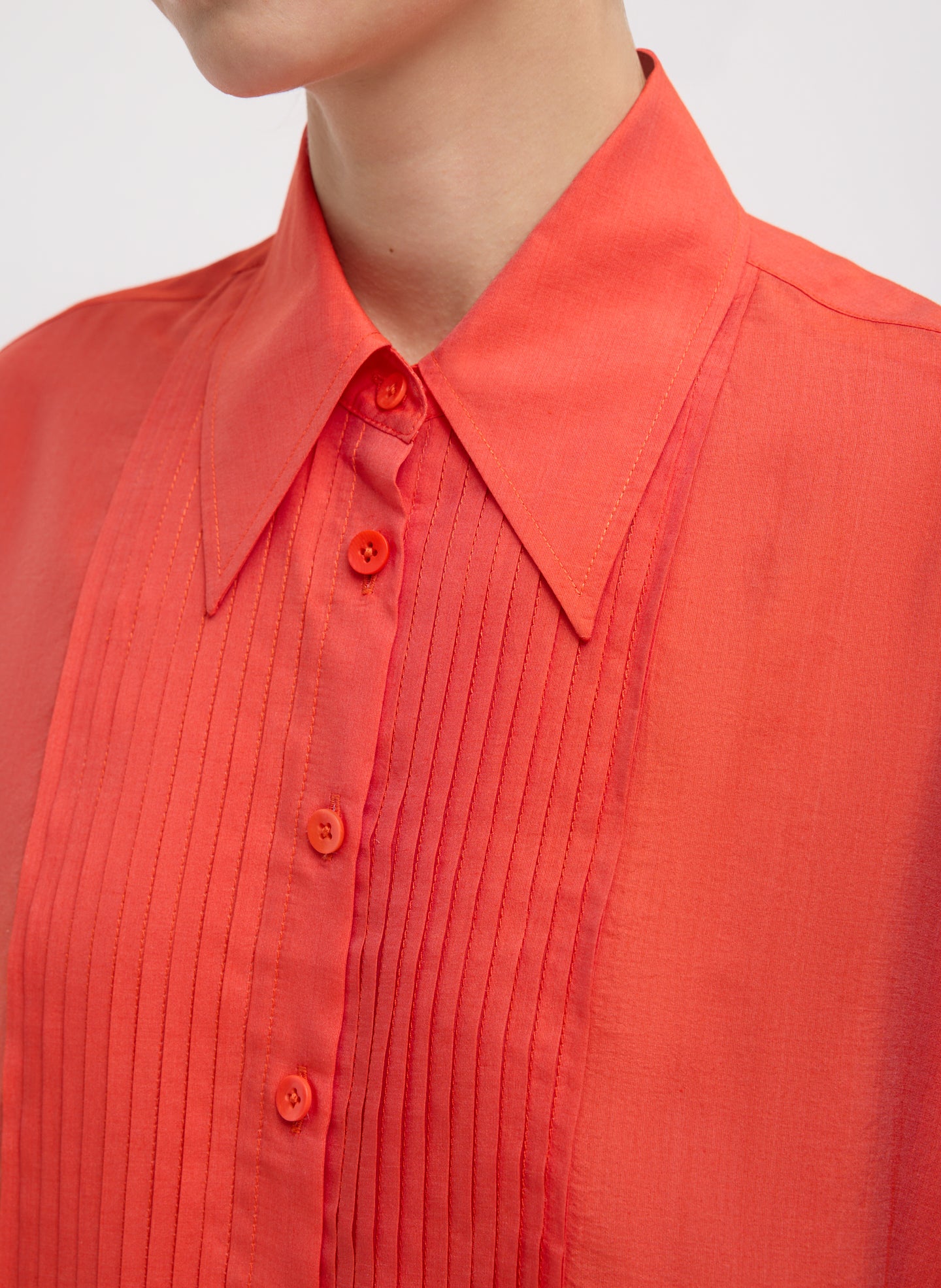Red Silk Voile Easy Pintucked Shirt - closeup of buttons and pintuck detail at front