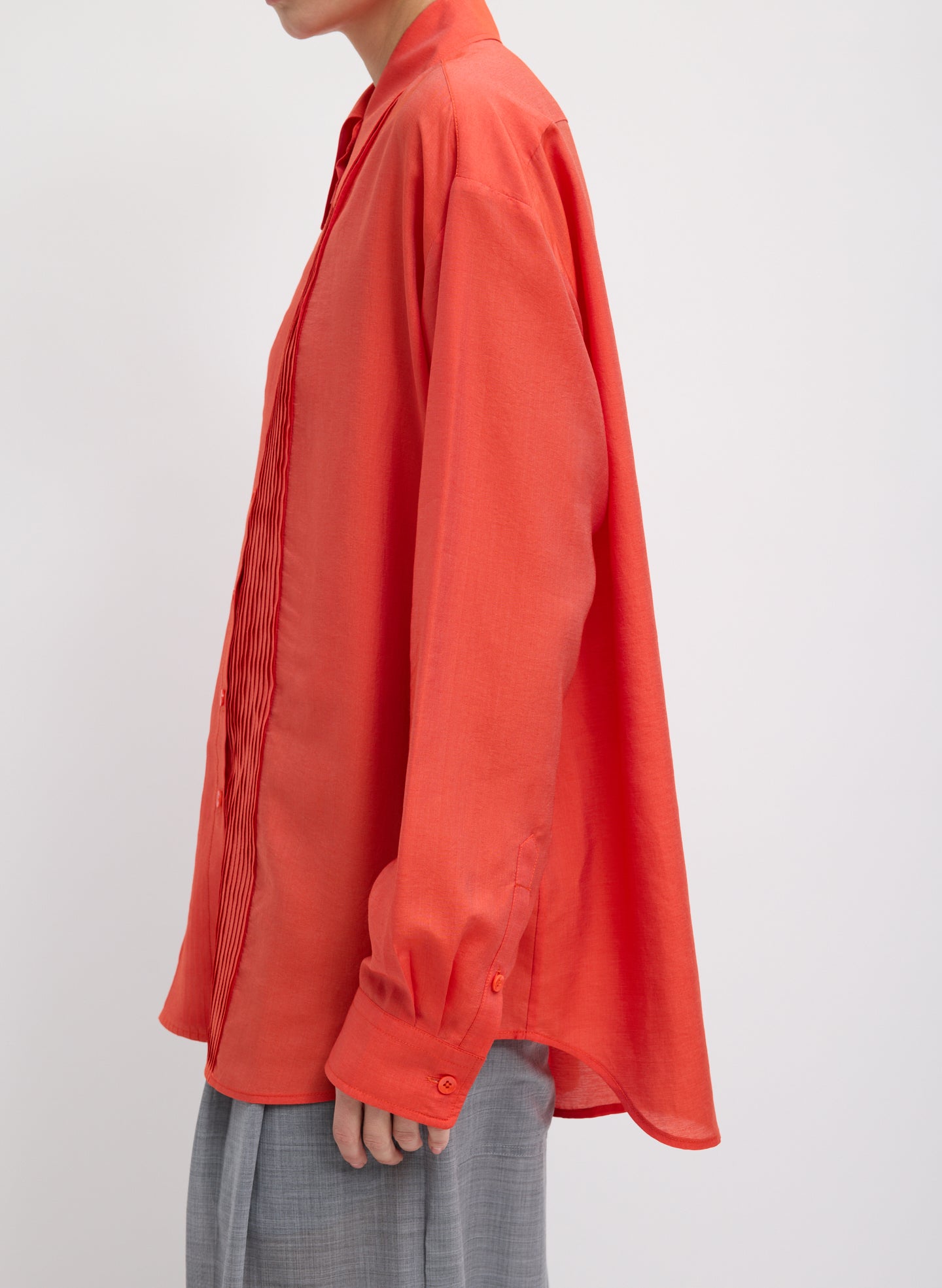 Red Silk Voile Easy Pintucked Shirt - button down, side view on model