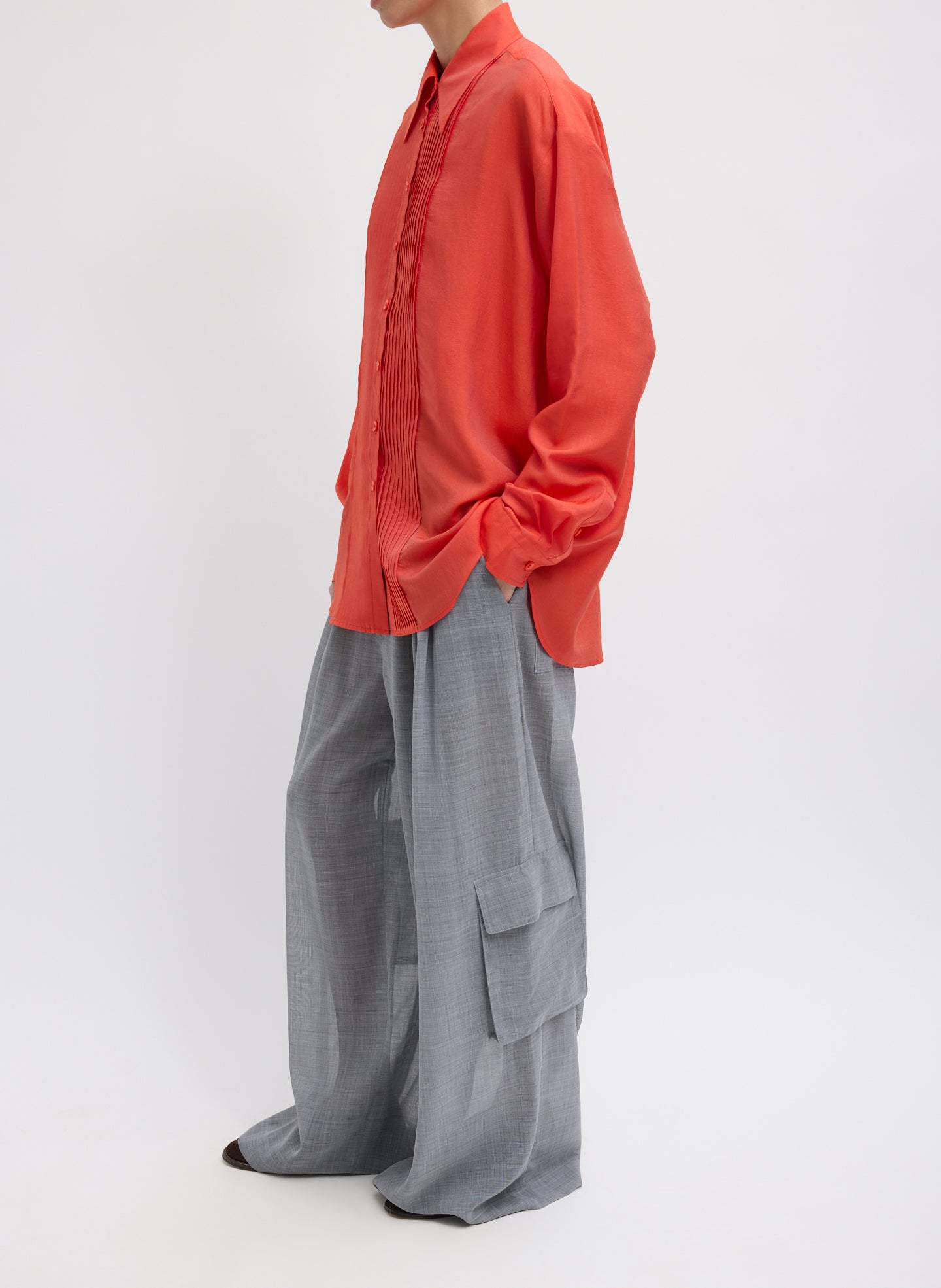 Red Silk Voile Easy Pintucked Shirt - full look, side view on model