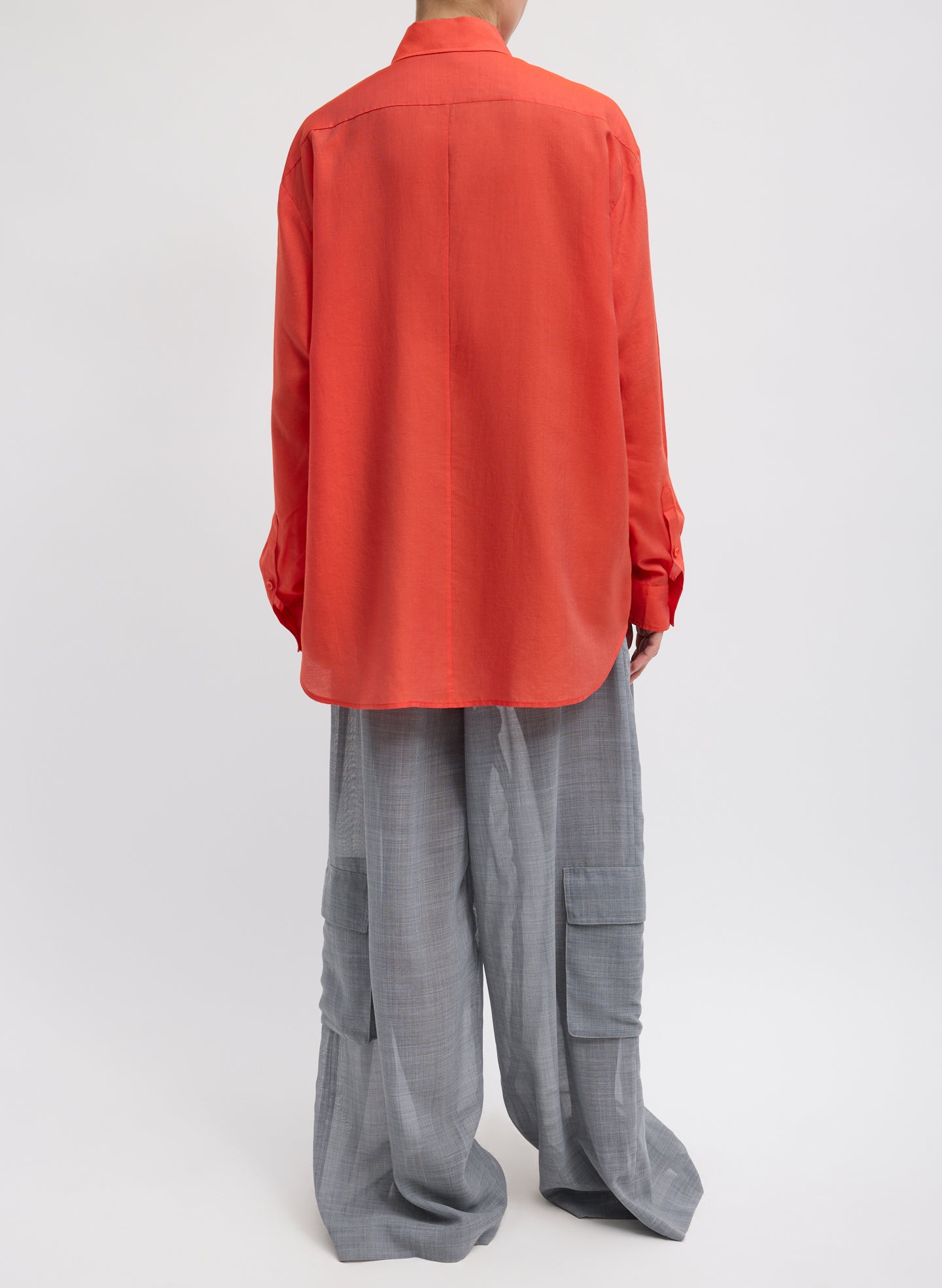 Red Silk Voile Easy Pintucked Shirt - full look, back view on model