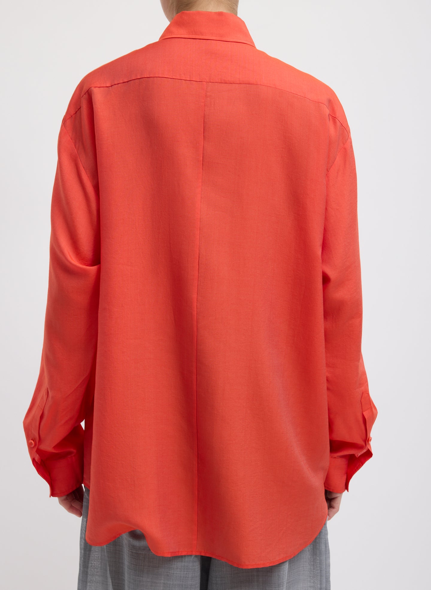 Red Silk Voile Easy Pintucked Shirt - button down, back view on model