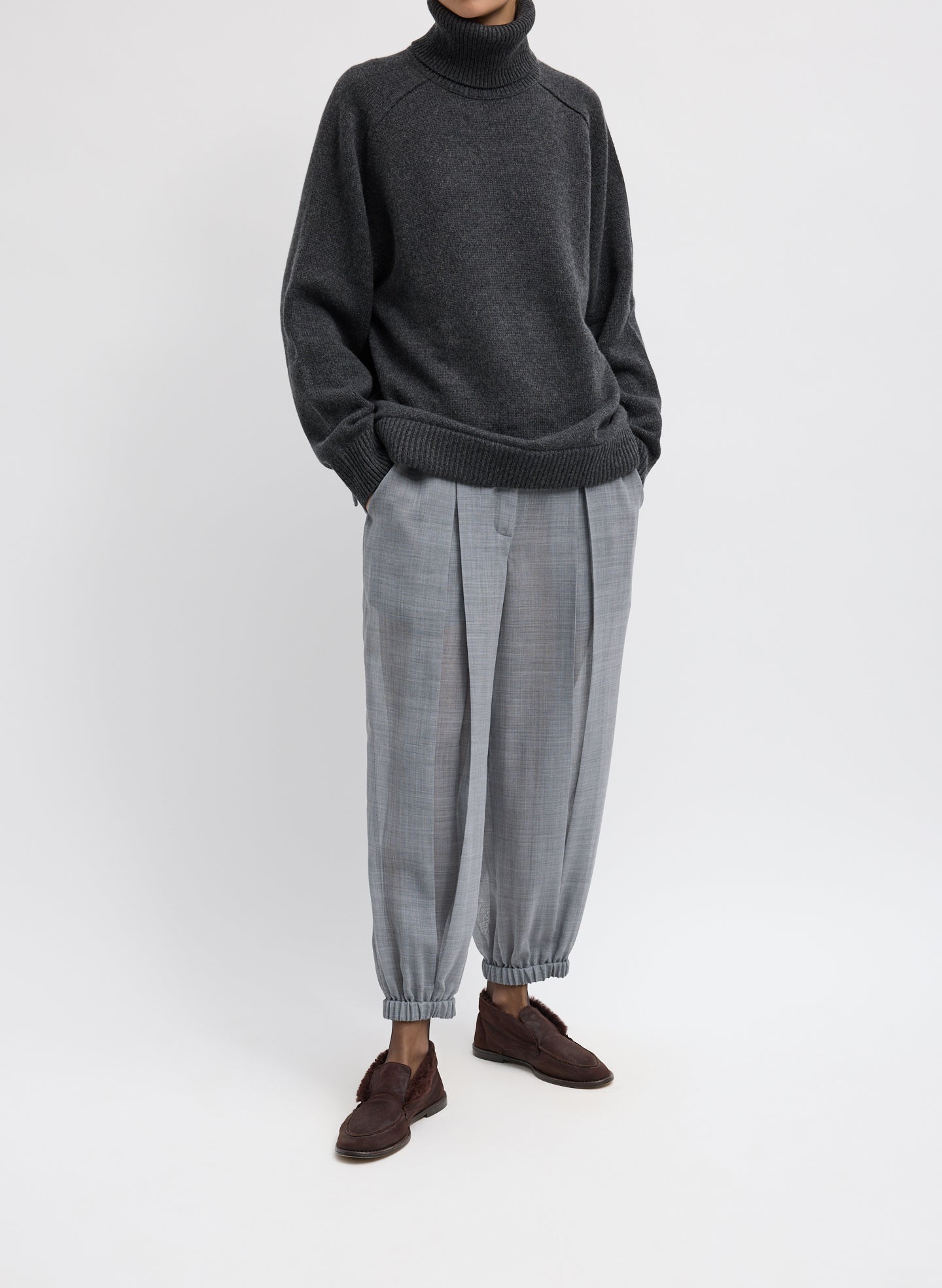 Sheer Wool Gauze Pleated Long Balloon Pant - Heather Grey Sheer Wool Gauze Pleated Long Balloon Pant – relaxed fit, front view on model 