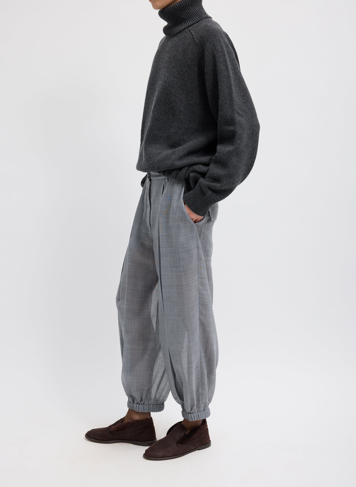 Heather Grey Sheer Wool Gauze Pleated Long Balloon Pant – relaxed fit, side view on model 
