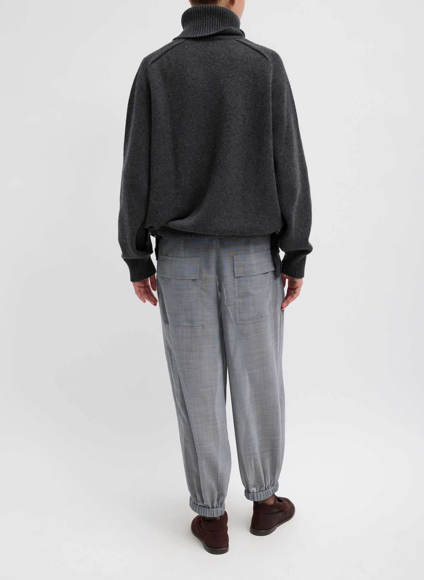 Heather Grey Sheer Wool Gauze Pleated Long Balloon Pant – relaxed fit, back view on model 