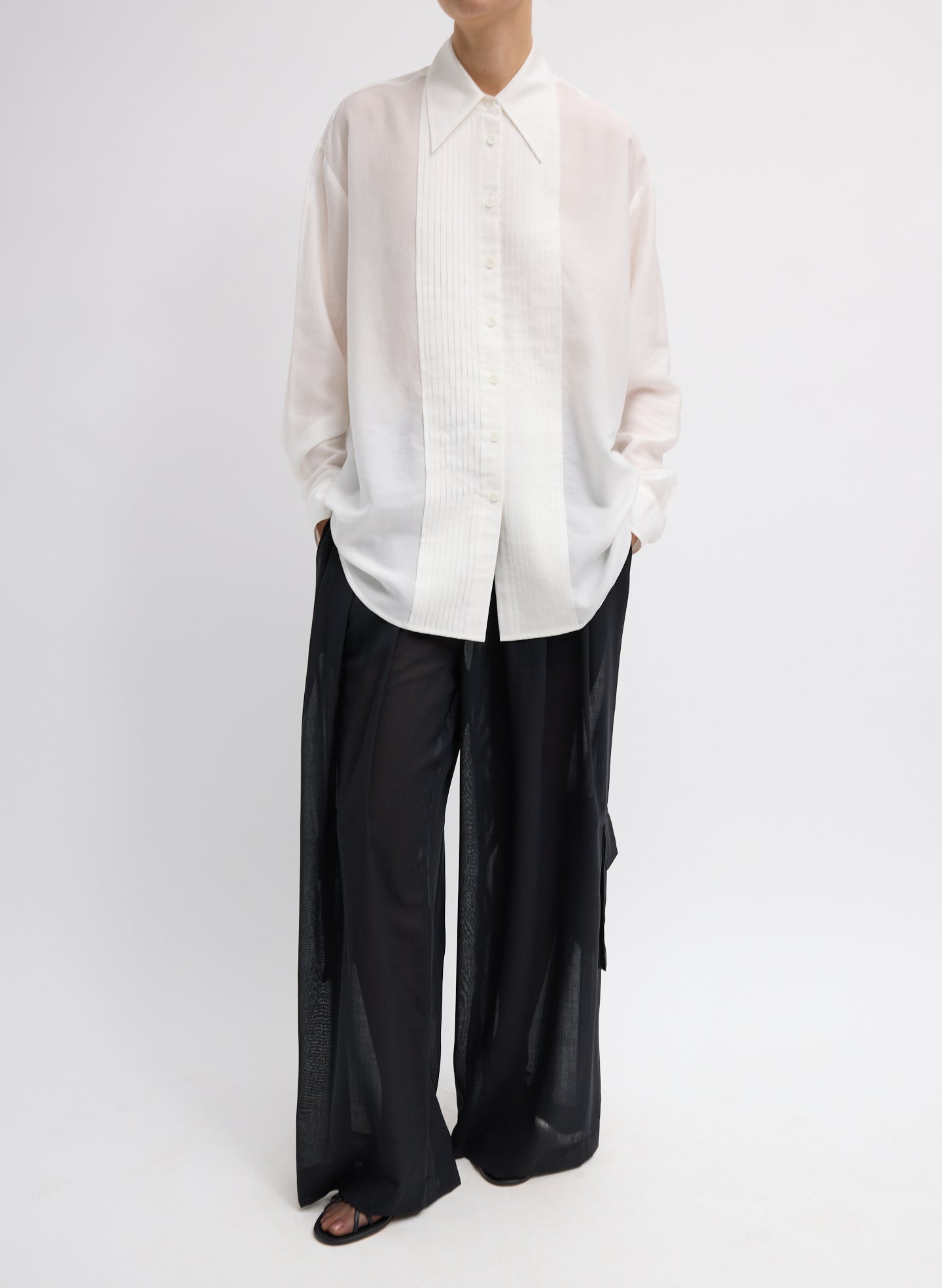 Black Sheer Wool Gauze Triple Pleat Pant – full look, front view on model 