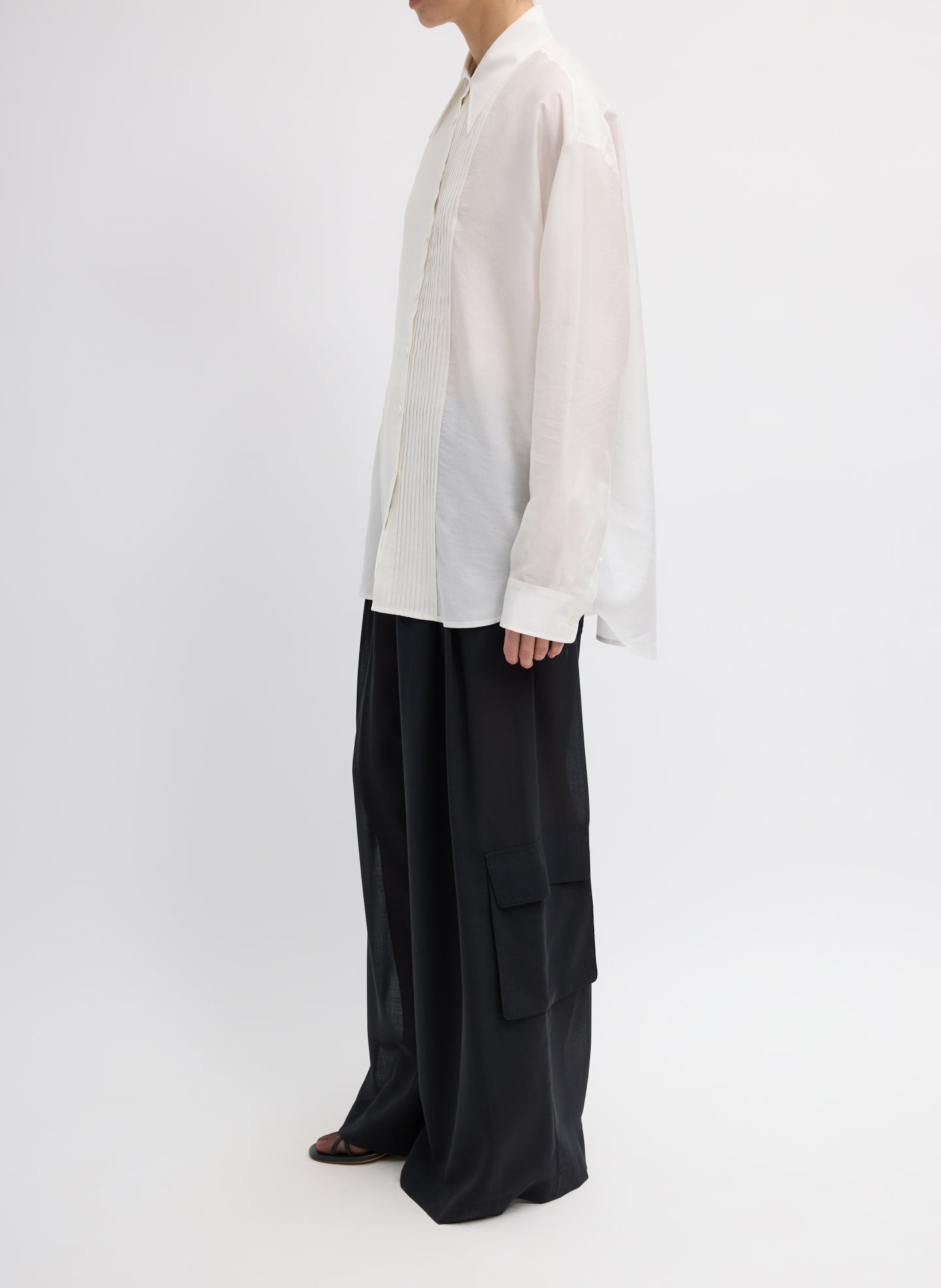Black Sheer Wool Gauze Triple Pleat Pant – full look, side view on model 