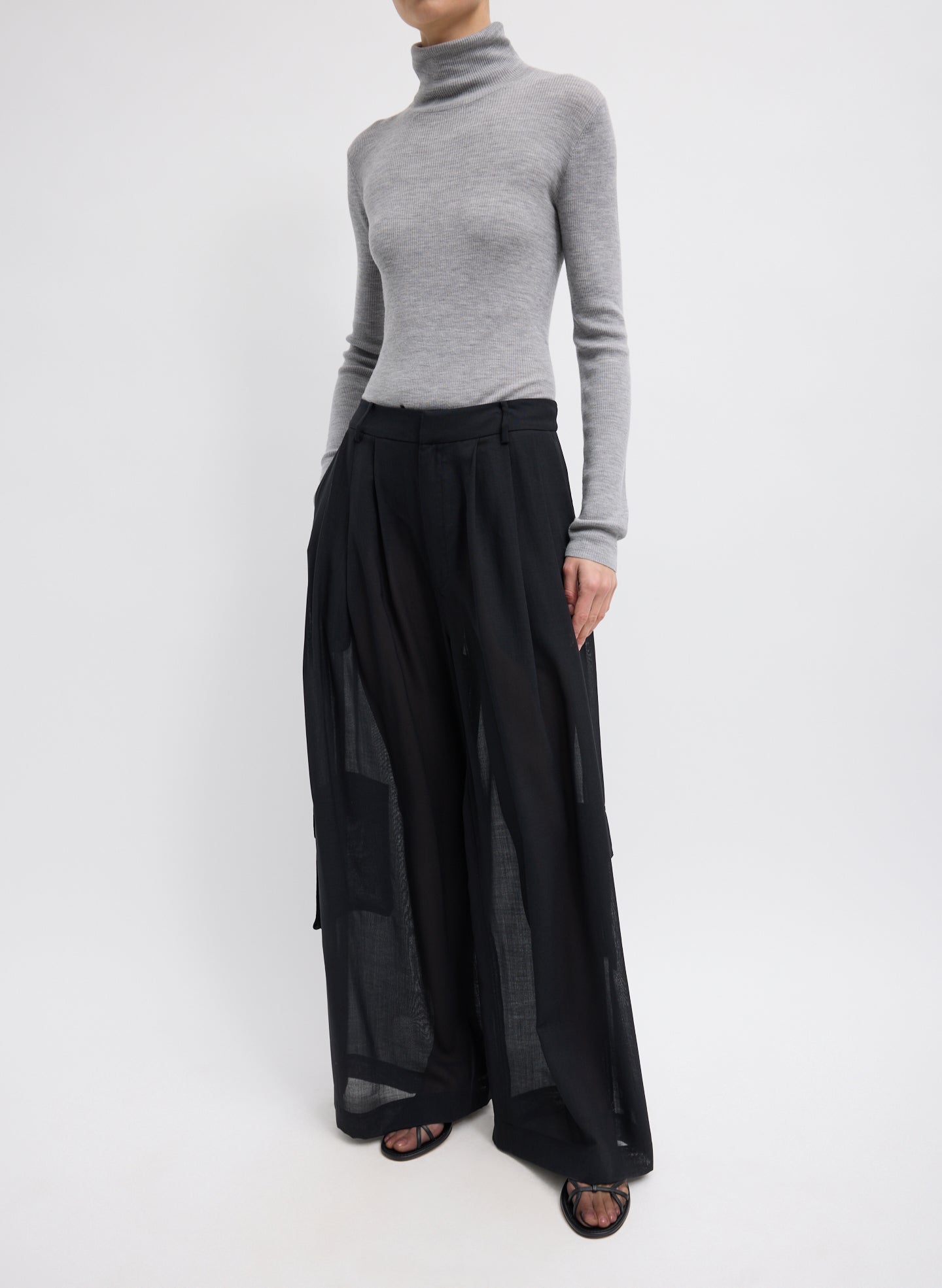 Sheer Wool Gauze Triple Pleat Pant - Black Sheer Wool Gauze Triple Pleat Pant – sheer, front view on model 