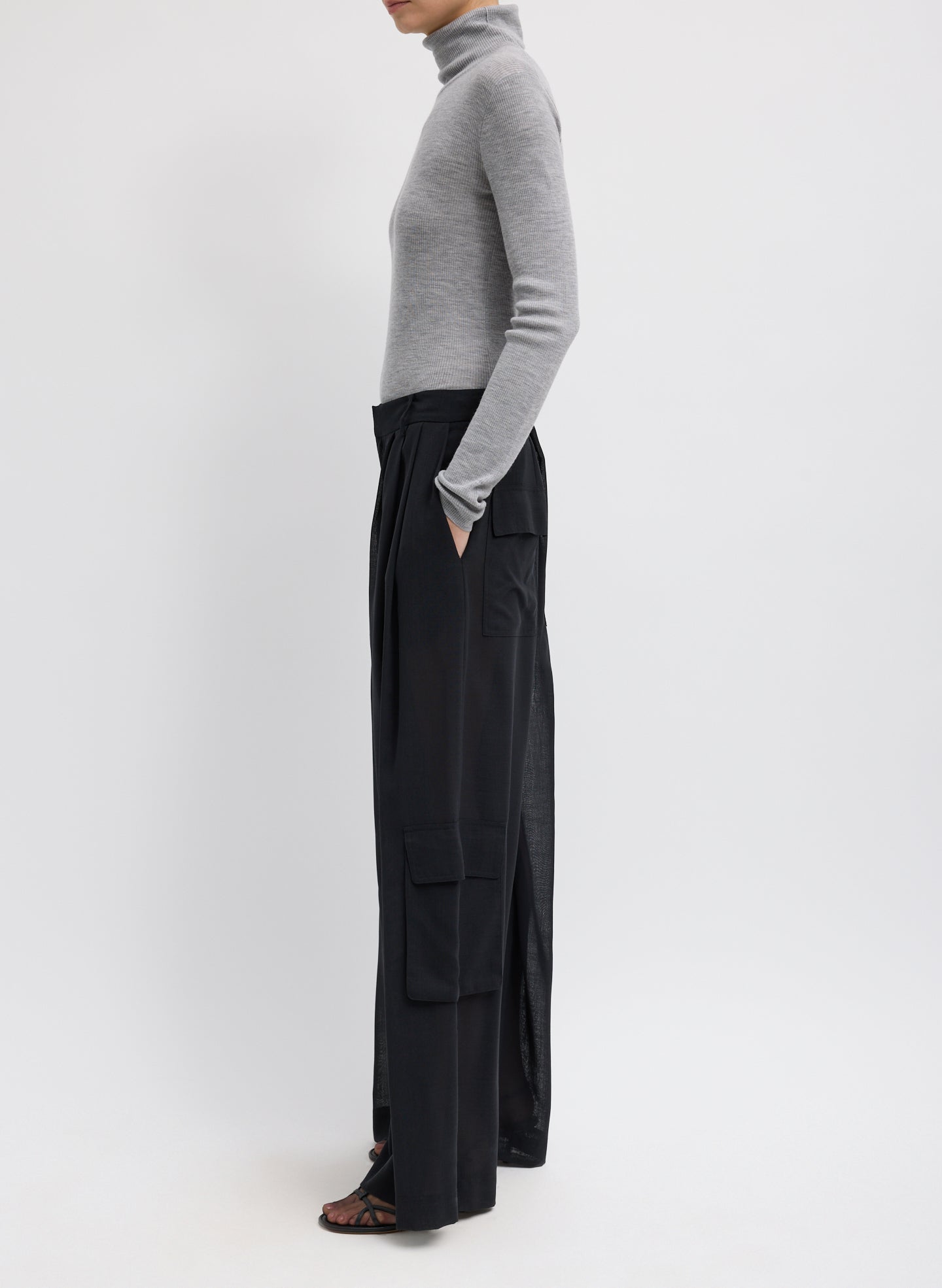 Black Sheer Wool Gauze Triple Pleat Pant – full look, front view on model 