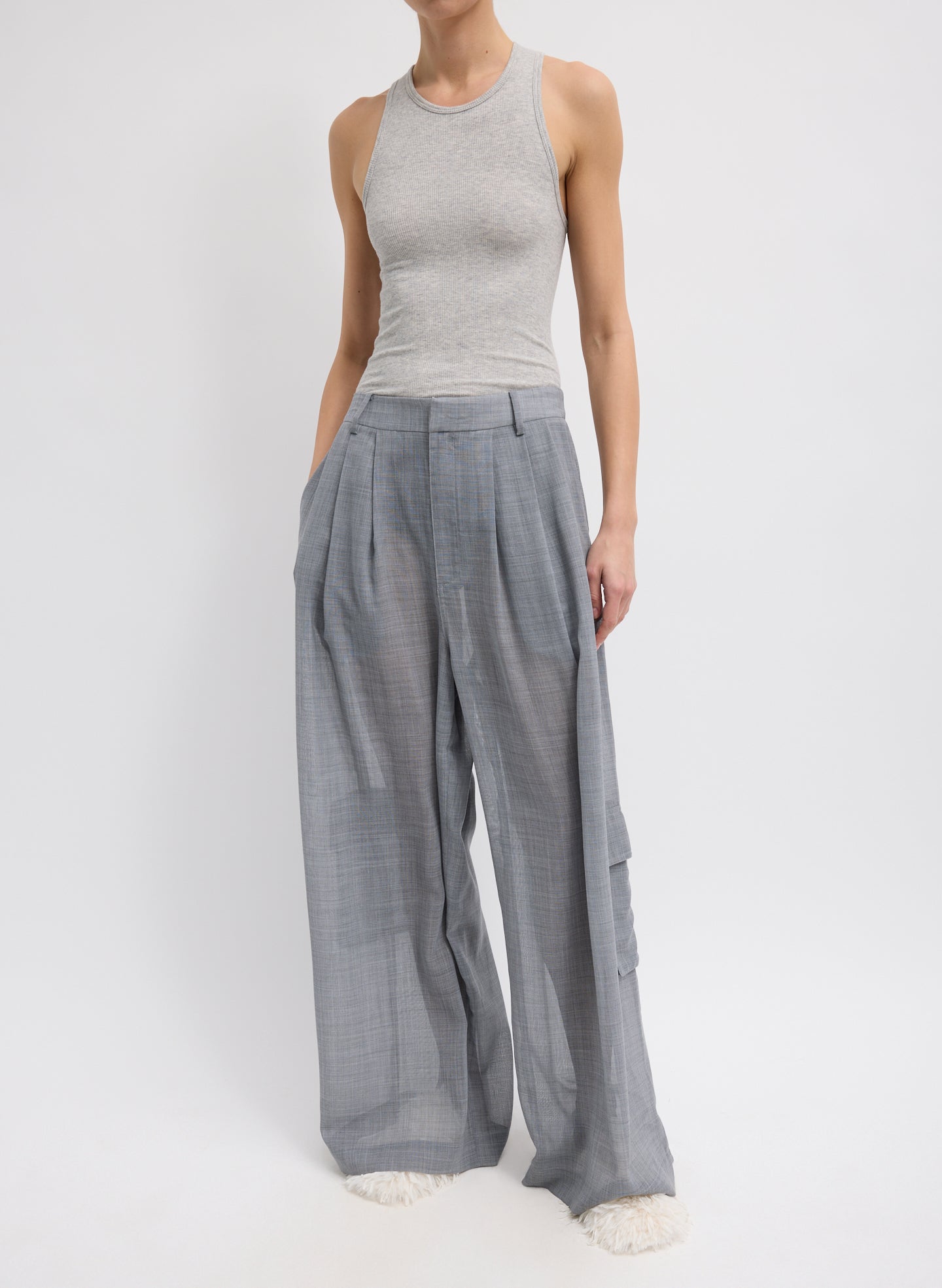 Sheer Wool Gauze Triple Pleat Pant - Heather Grey Sheer Wool Gauze Triple Pleat Pant –  sheer, front view on model 
