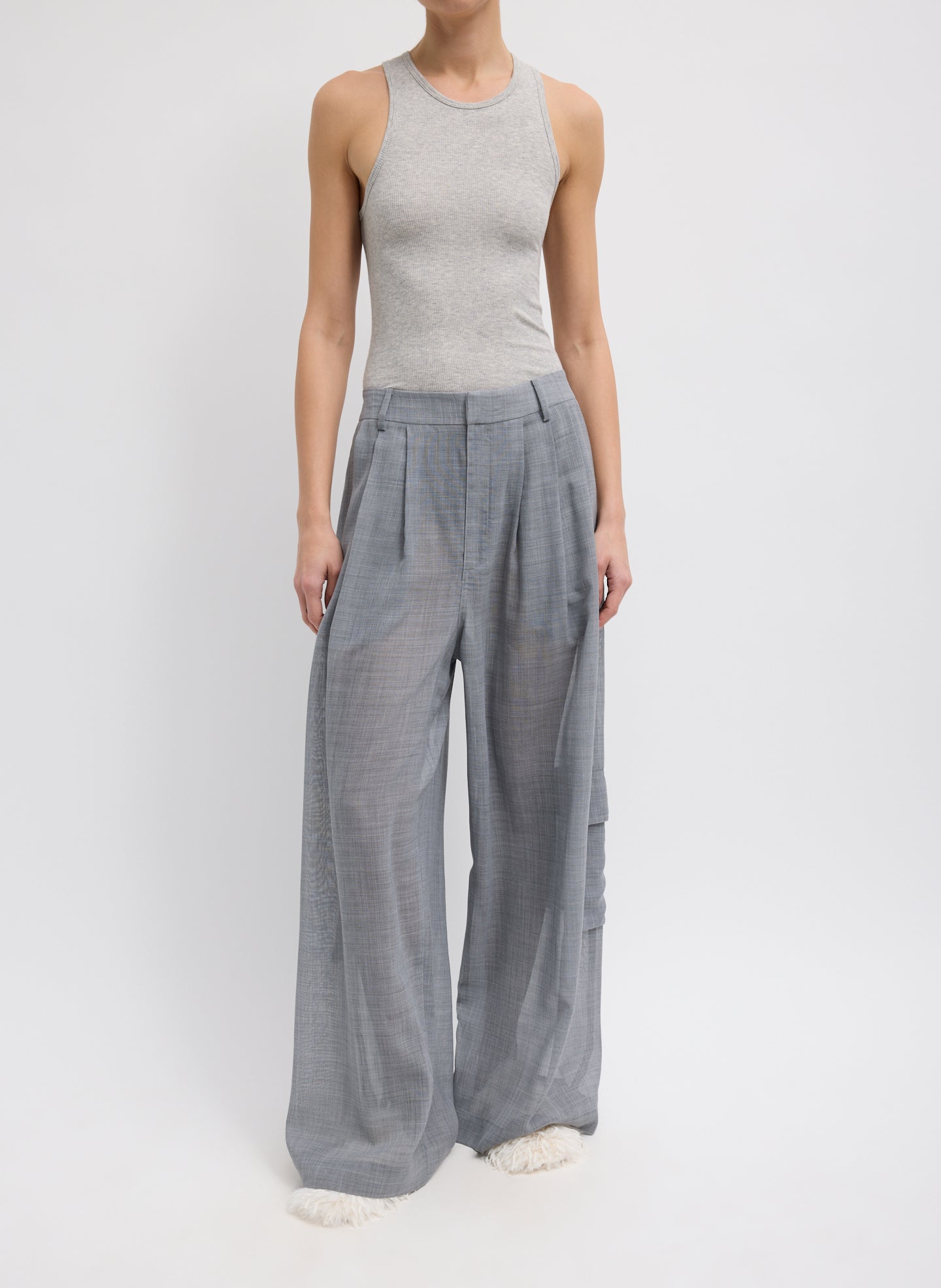 Heather Grey Sheer Wool Gauze Triple Pleat Pant –  sheer, full look, second front view on model 