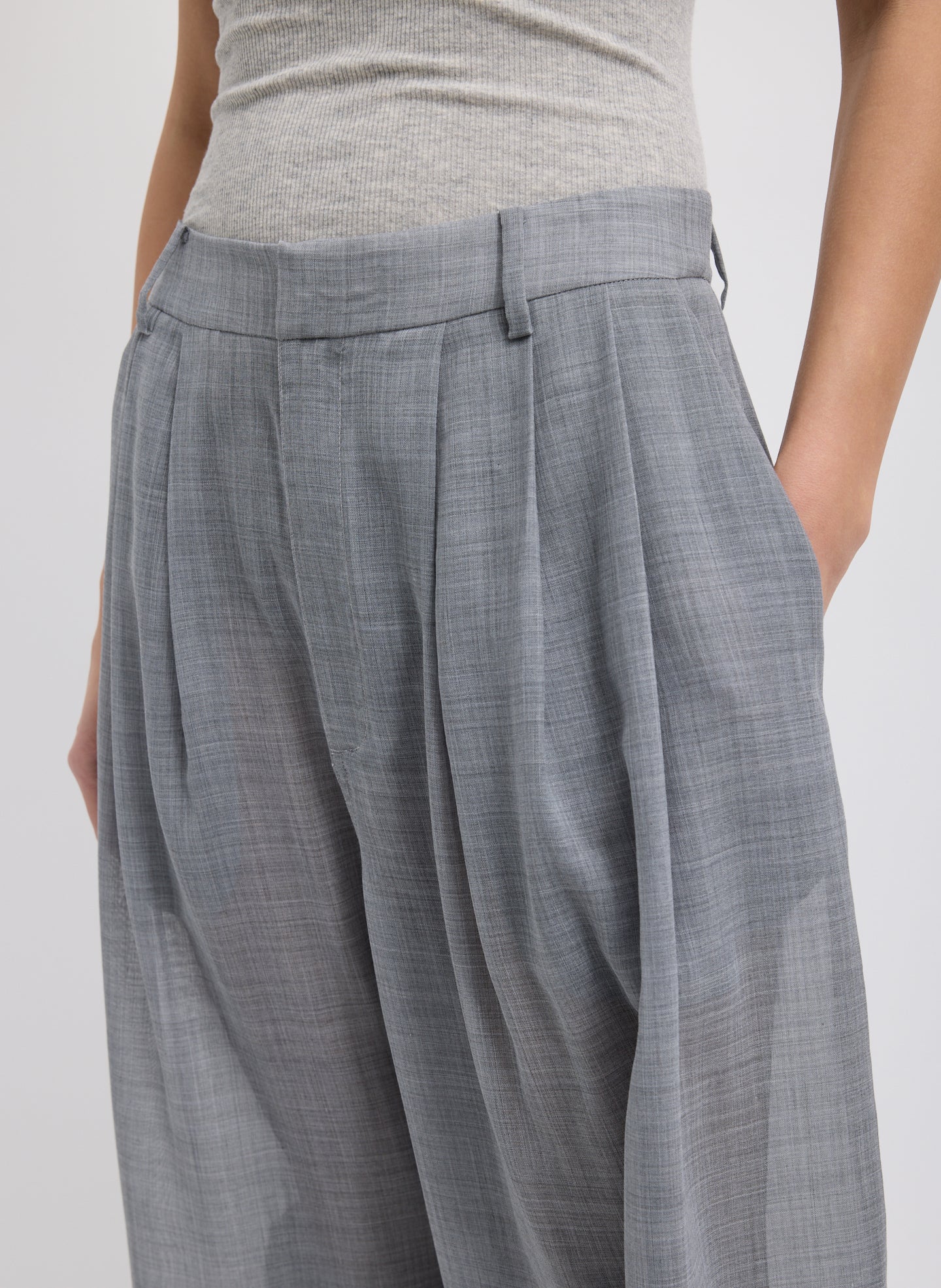 Heather Grey Sheer Wool Gauze Triple Pleat Pant –  sheer, closeup of pockets 