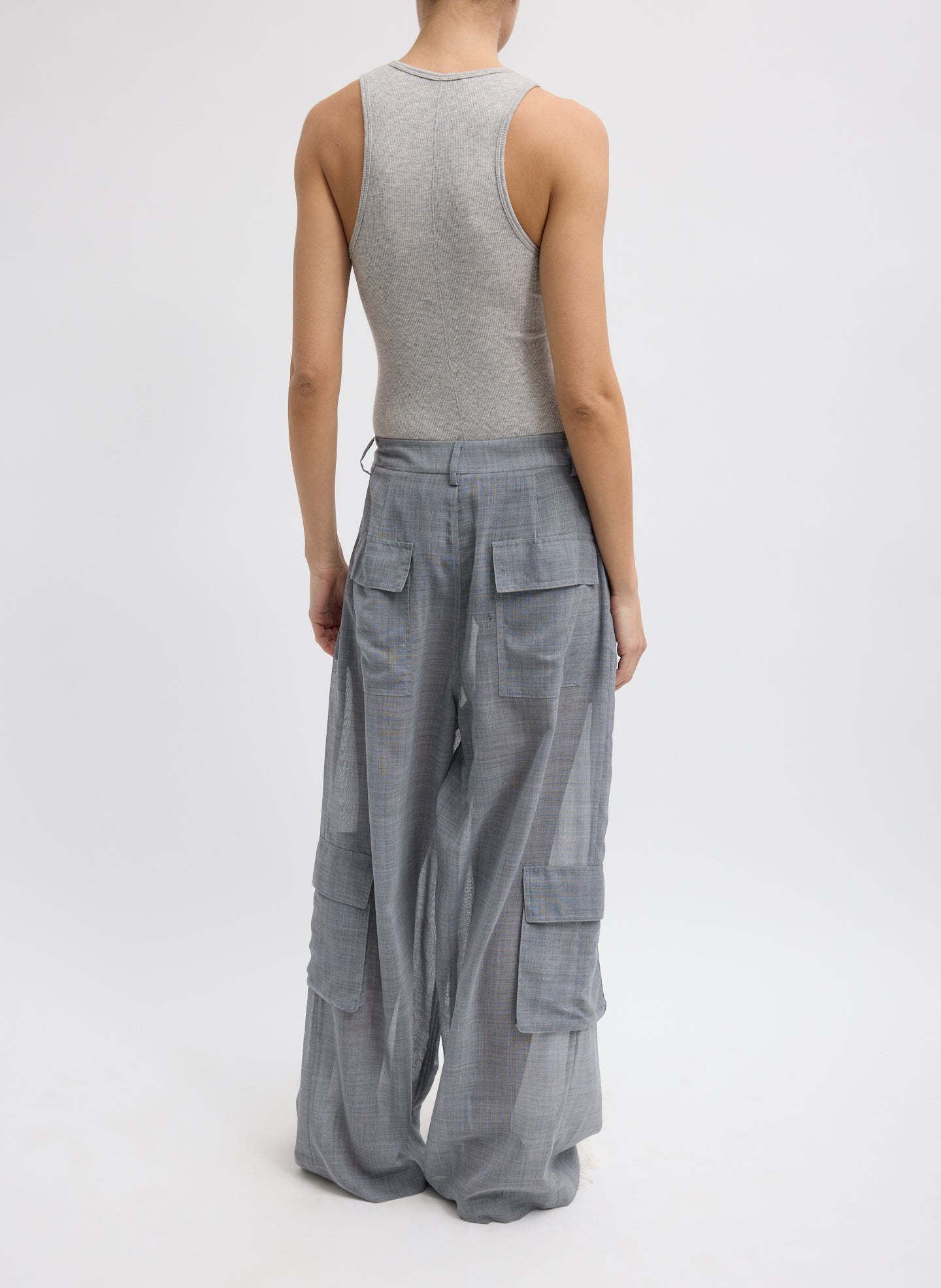 Heather Grey Sheer Wool Gauze Triple Pleat Pant –  sheer, full look, back view on model 