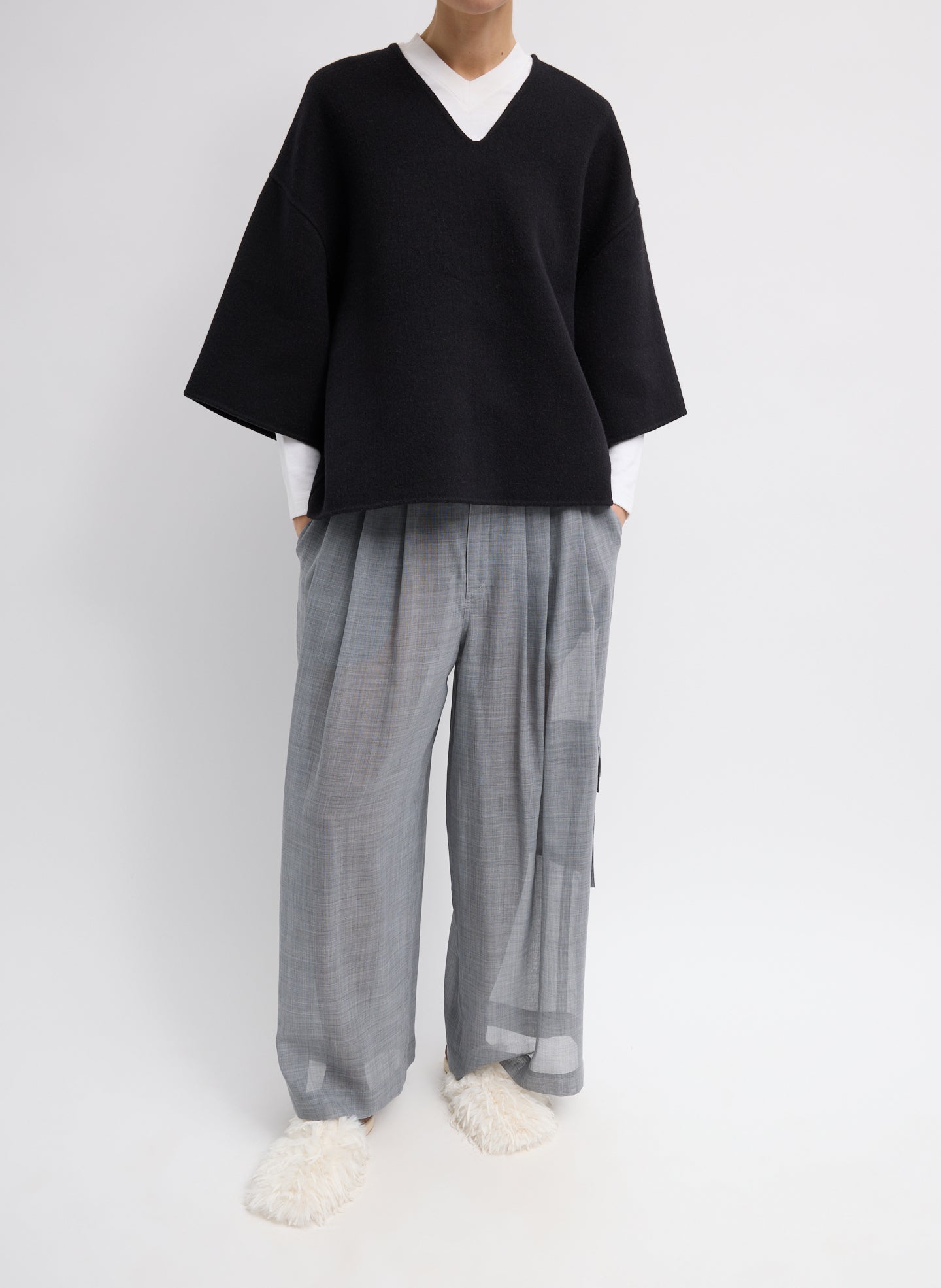 Luxe Double Faced Wool Angora V-Neck Top - Black Luxe Double Faced Wool Angora V-Neck Top - Relaxed fit, front view on model 