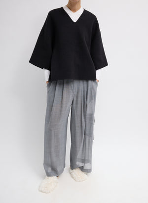 Black Luxe Double Faced Wool Angora V-Neck Top - Relaxed fit, front view on model 