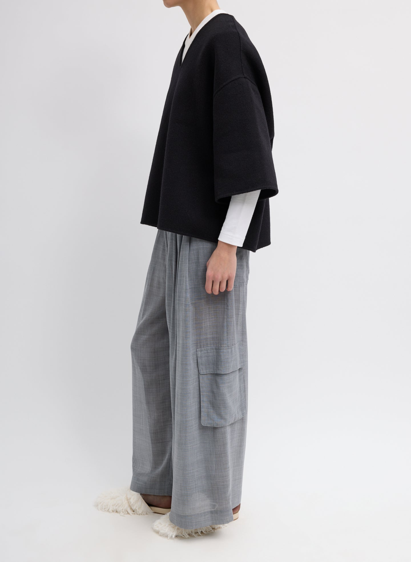 Black Luxe Double Faced Wool Angora V-Neck Top - Full side view on model 