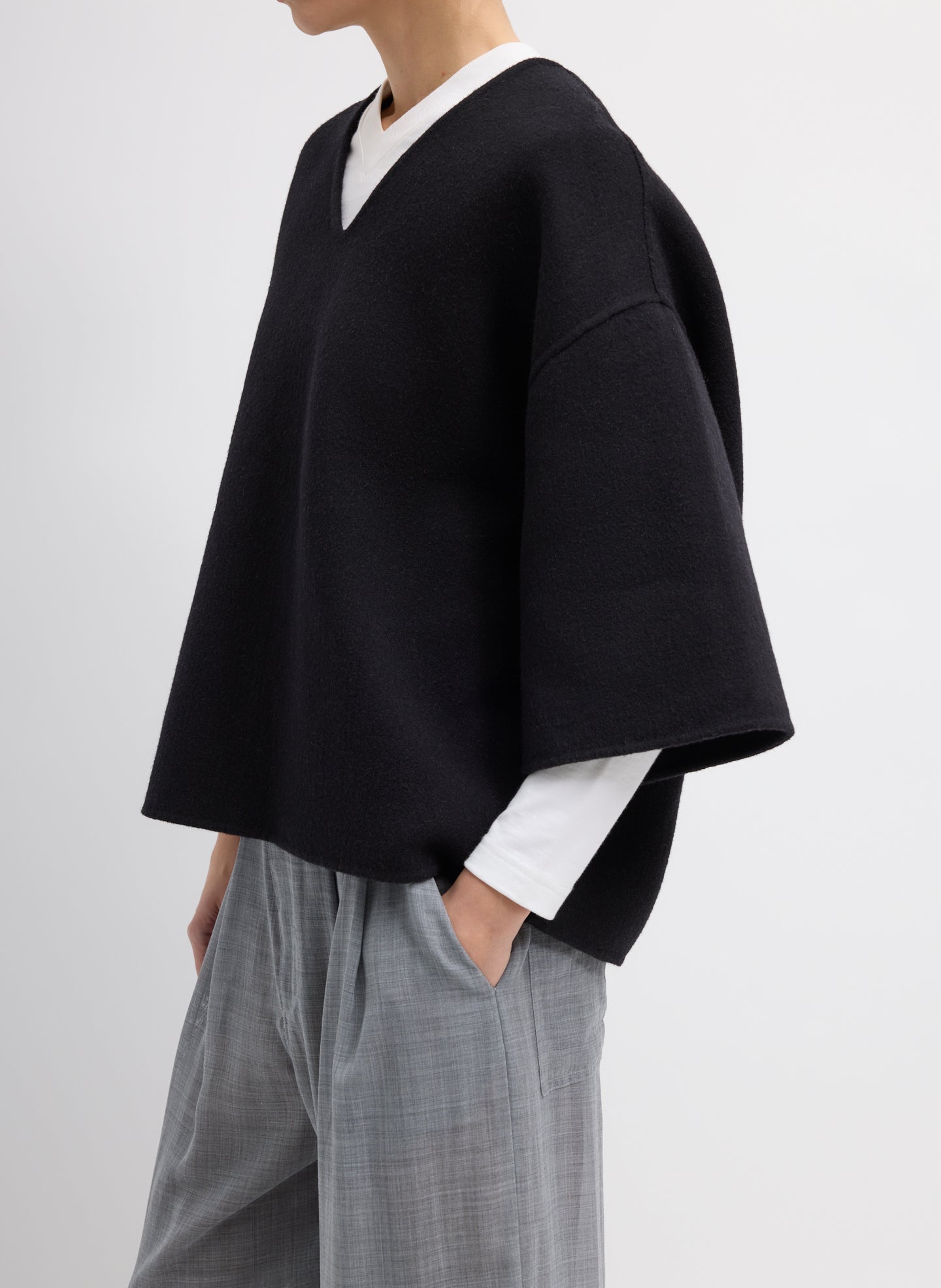 Black Luxe Double Faced Wool Angora V-Neck Top - Side view on model 