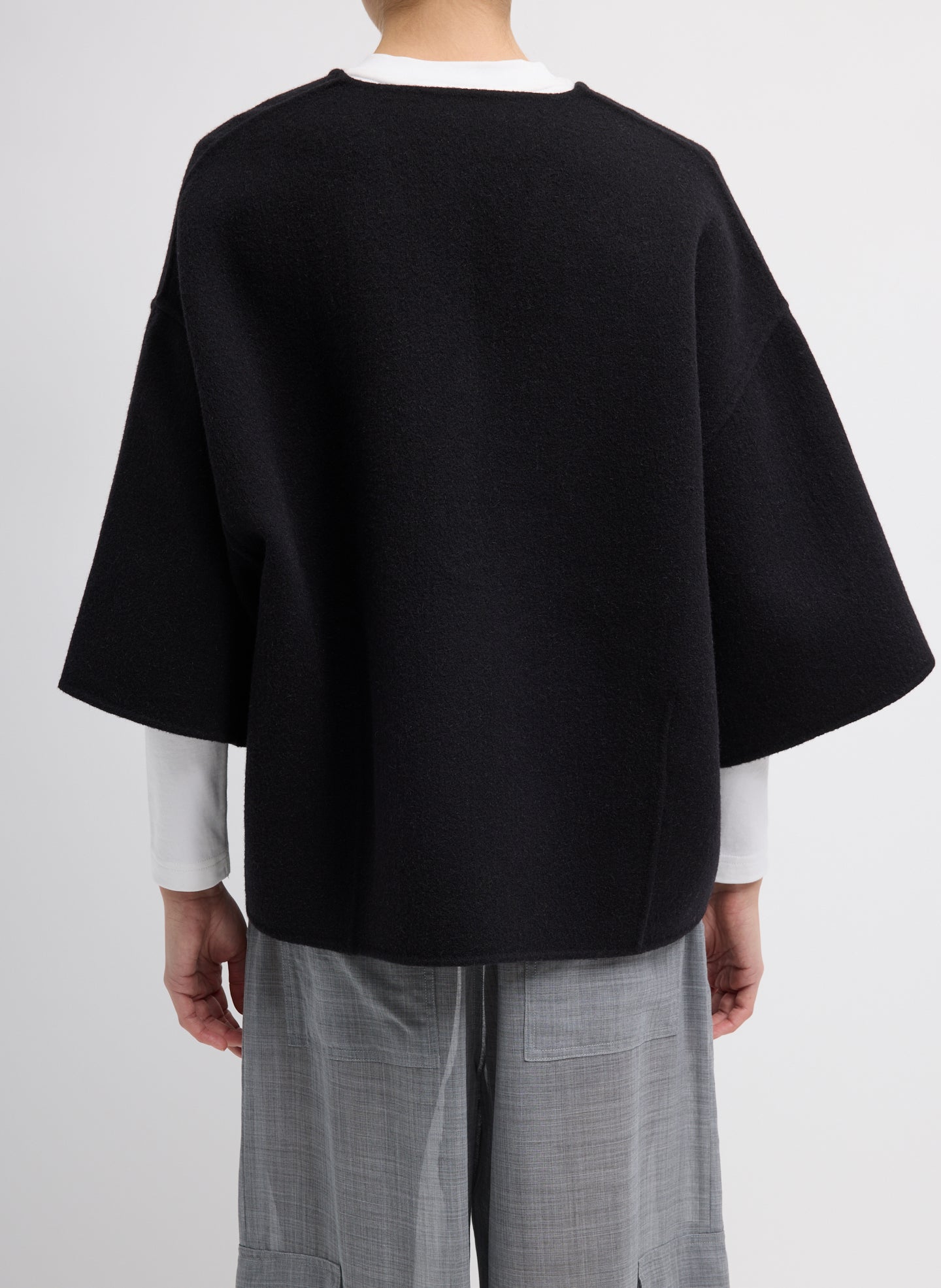 Black Luxe Double Faced Wool Angora V-Neck Top - Closeup back view on model 