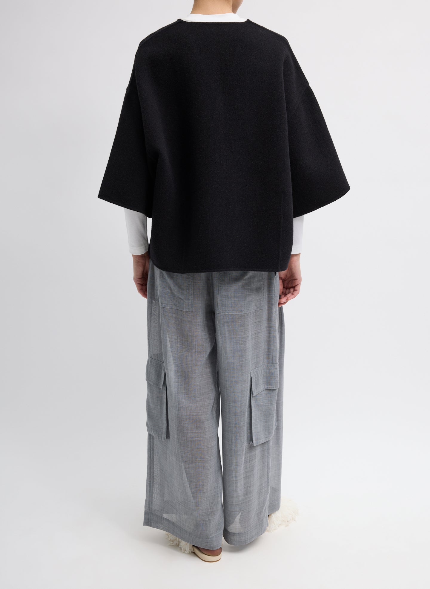 Black Luxe Double Faced Wool Angora V-Neck Top - Back view on model 