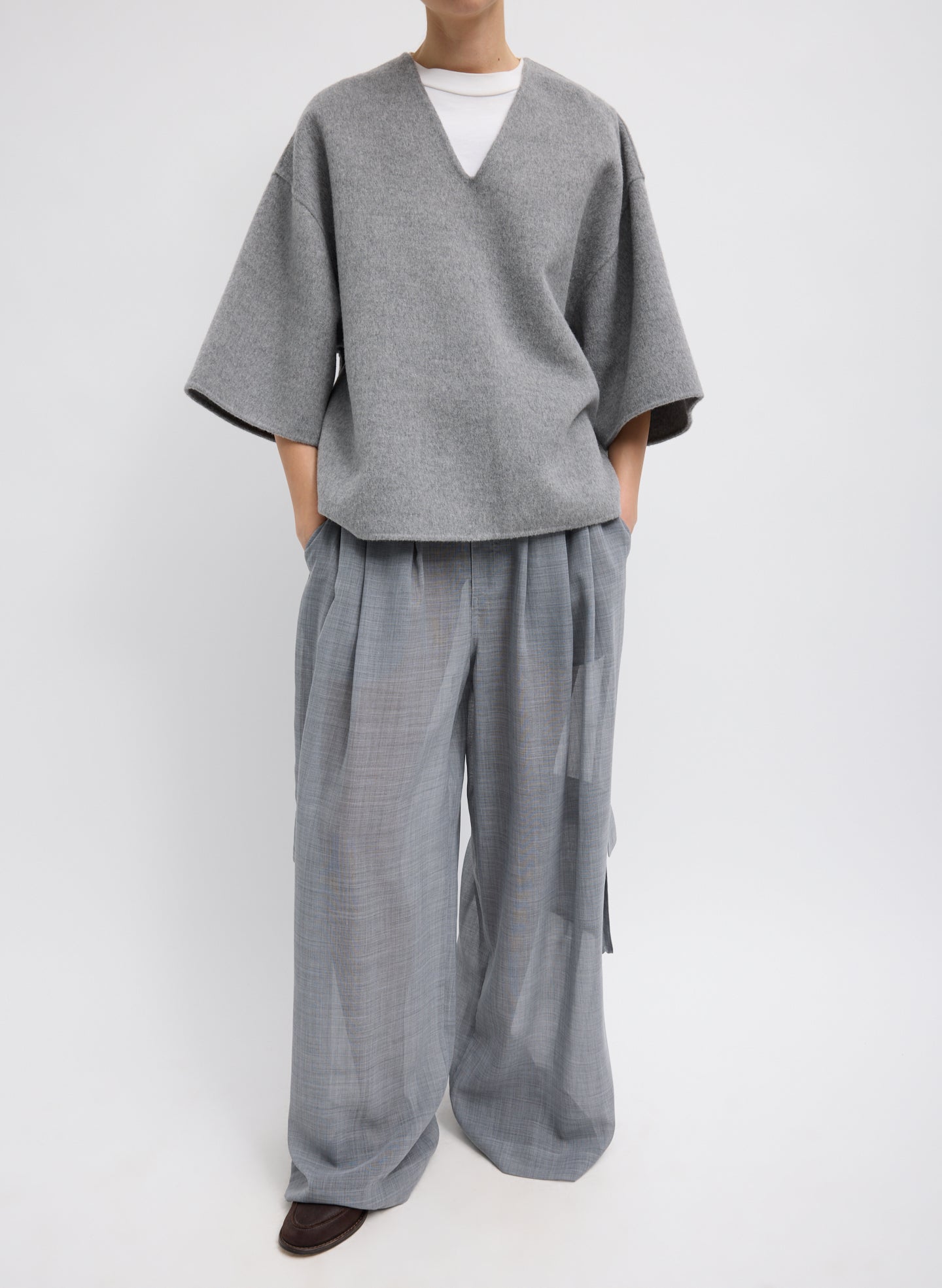 Luxe Double Faced Wool Angora V-Neck Top - Medium Heather Grey Luxe Double Faced Wool Angora V-Neck Top – Relaxed fit, front view on model 