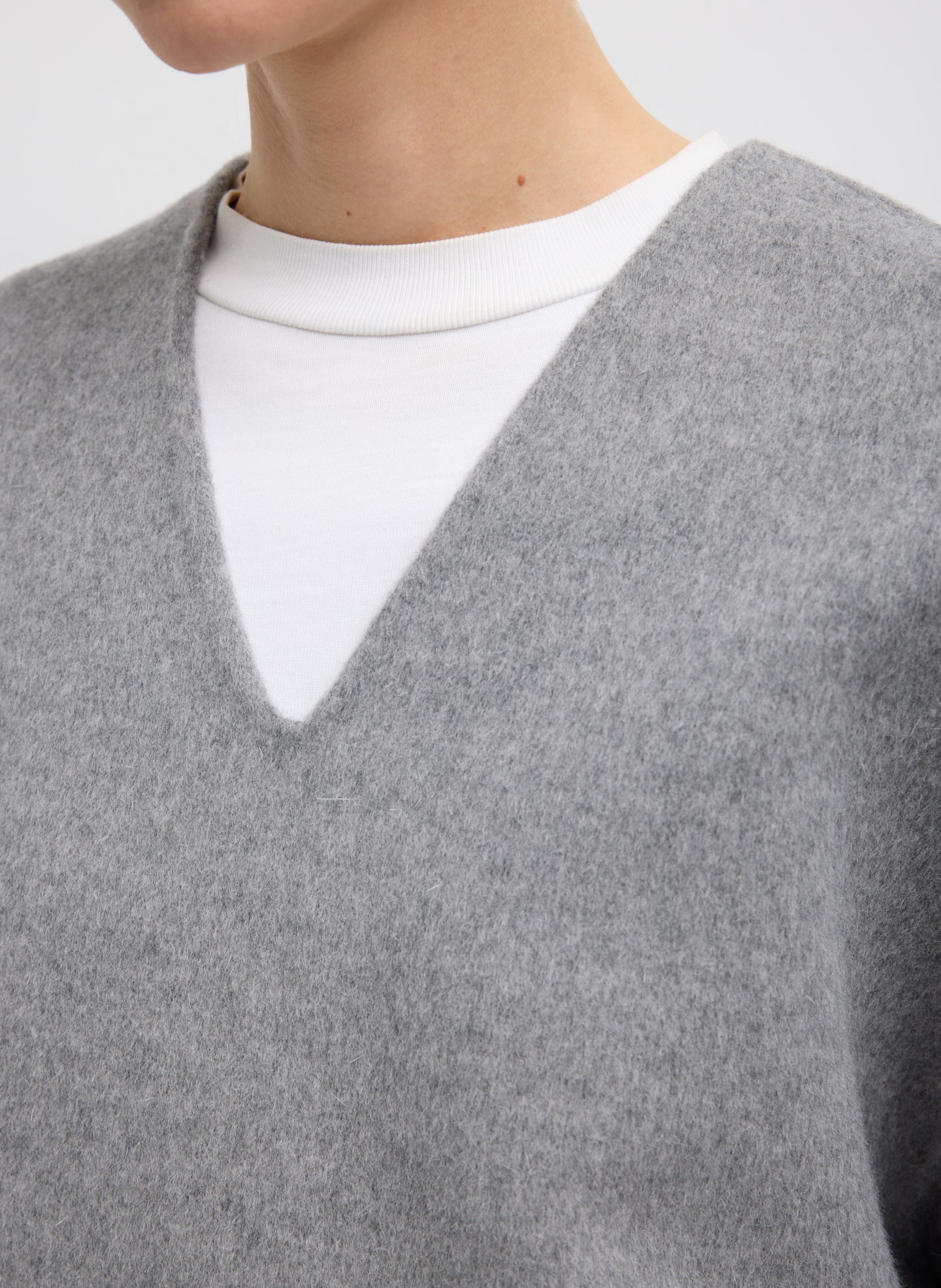Medium Heather Grey Luxe Double Faced Wool Angora V-Neck Top – Closeup of V-neck detail 