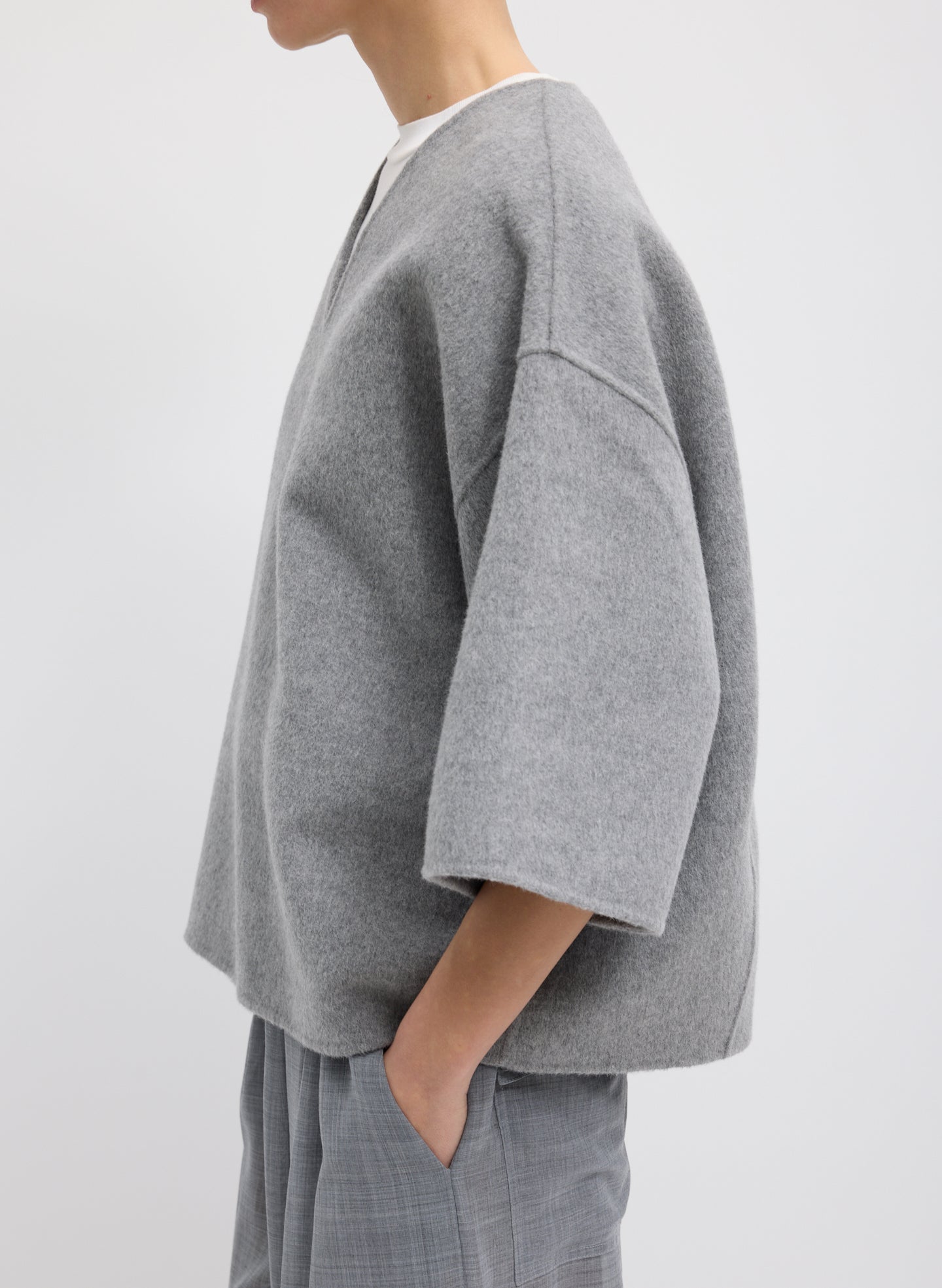 Medium Heather Grey Luxe Double Faced Wool Angora V-Neck Top – Side view on model 