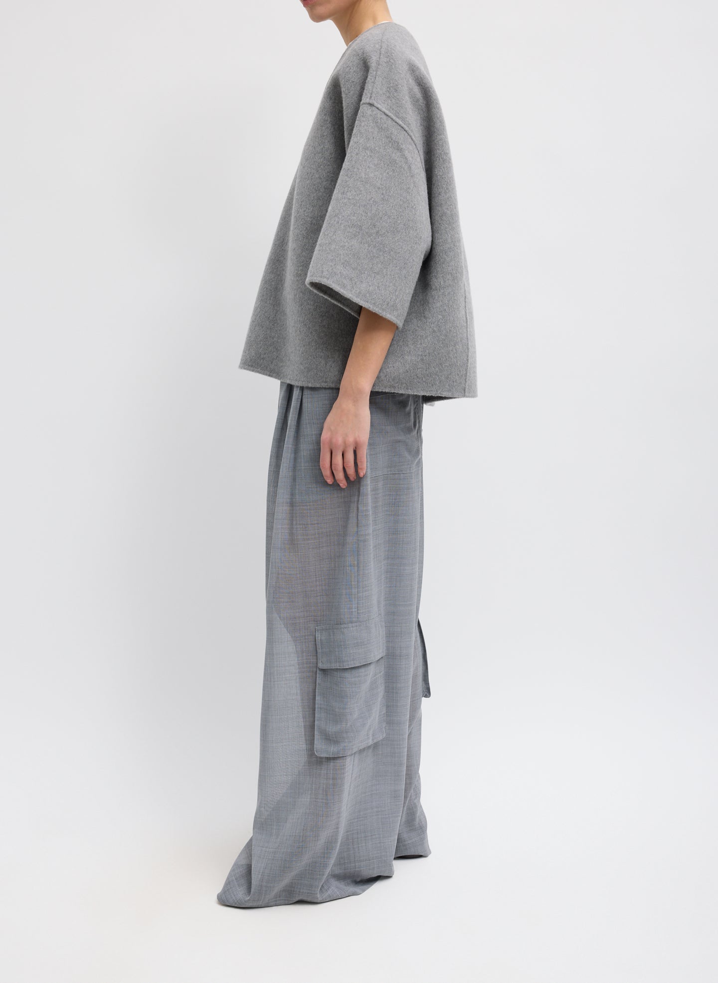Medium Heather Grey Luxe Double Faced Wool Angora V-Neck Top – Full side view on model 
