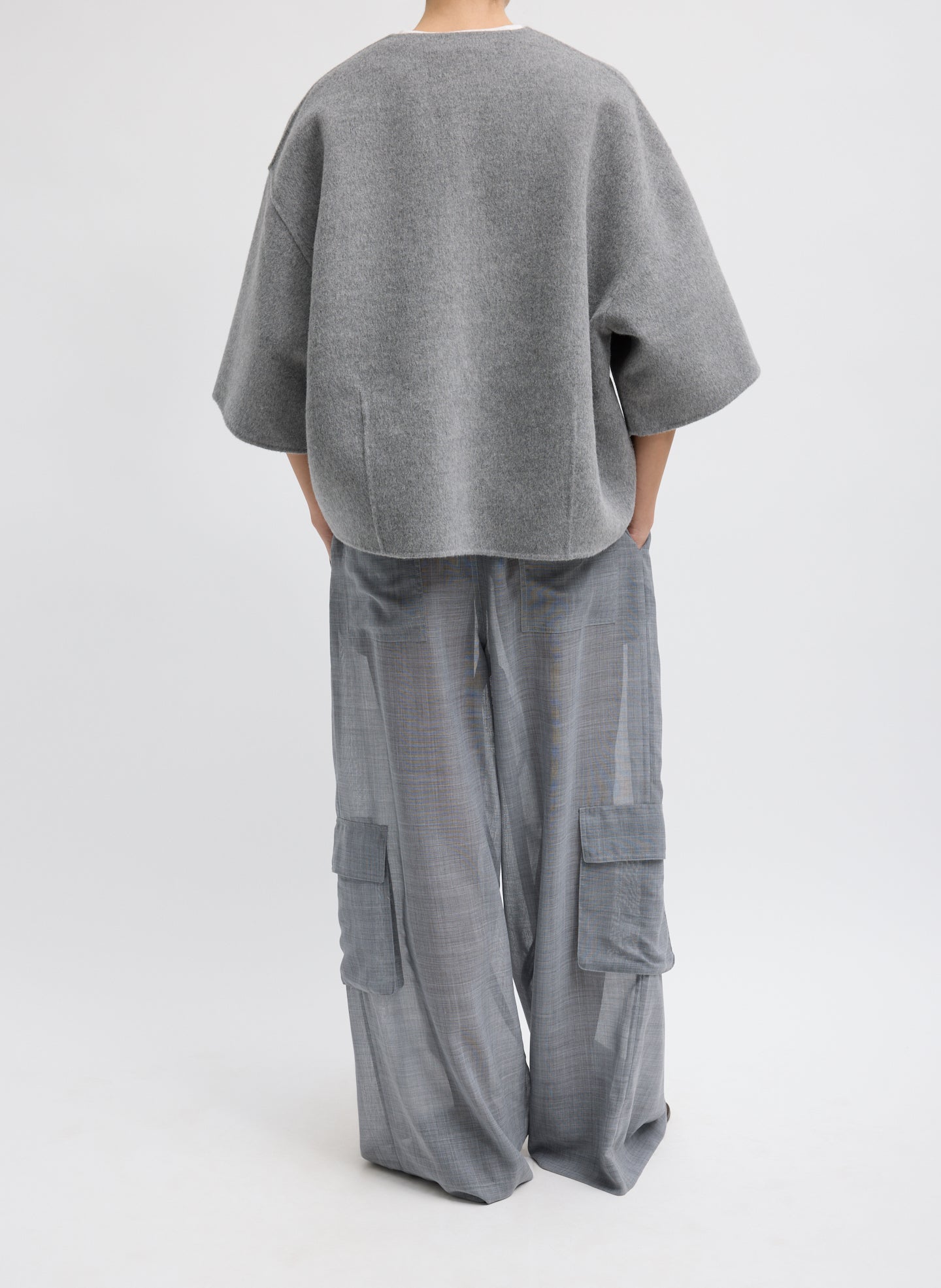 Medium Heather Grey Luxe Double Faced Wool Angora V-Neck Top – Back view on model 