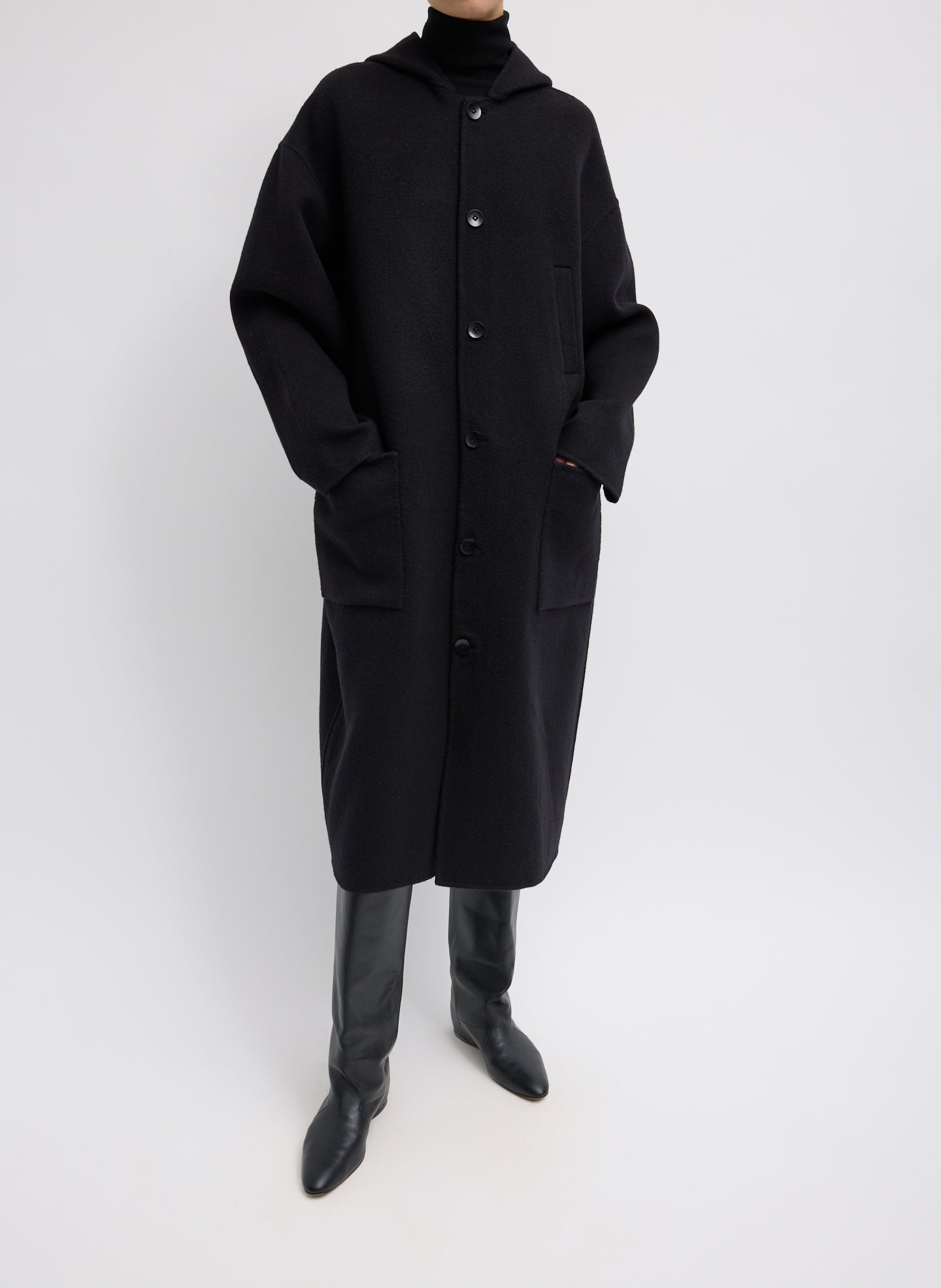 Luxe Double Faced Wool Angora Hooded Coat - Black Luxe Double Faced Wool Angora Hooded Coat – relaxed fit, full look, front view on model 