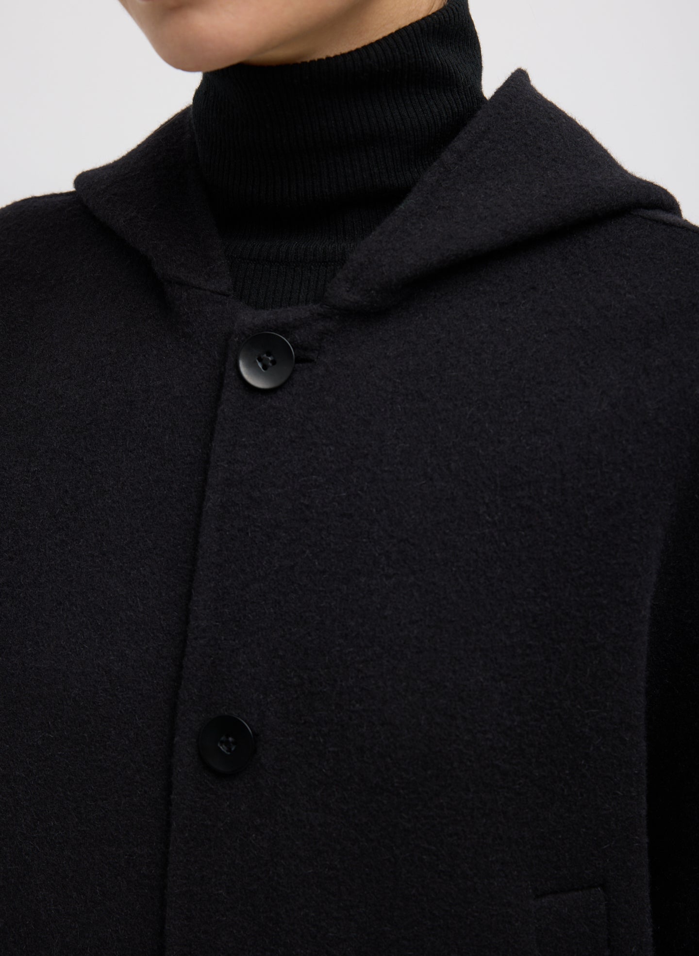 Black Luxe Double Faced Wool Angora Hooded Coat – relaxed fit, closeup of buttons 