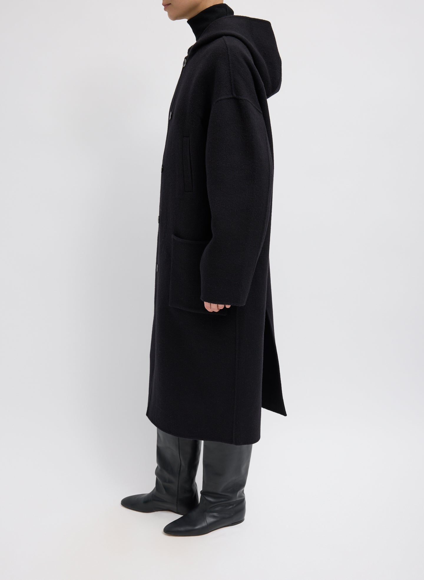 Black Luxe Double Faced Wool Angora Hooded Coat – relaxed fit, side view 