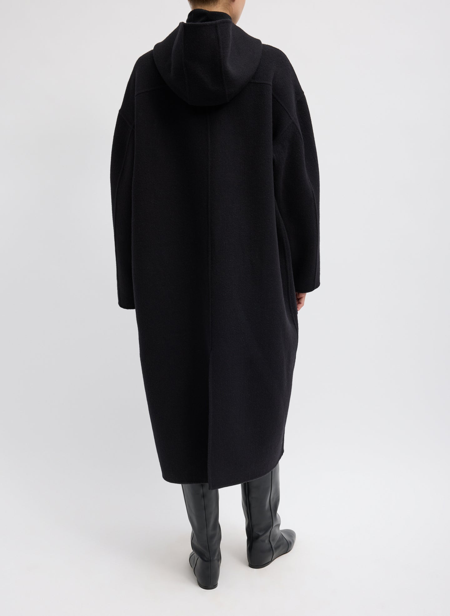 Black Luxe Double Faced Wool Angora Hooded Coat – relaxed fit, back view 