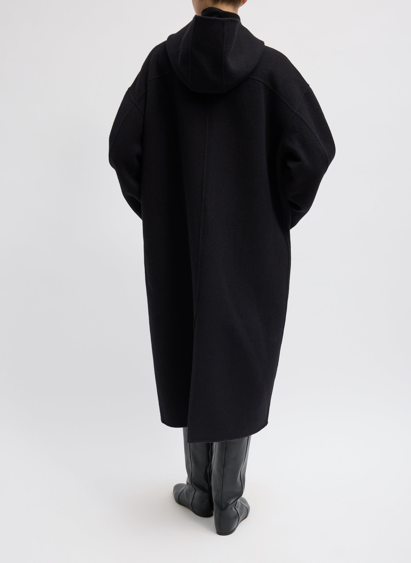 Black Luxe Double Faced Wool Angora Hooded Coat – relaxed fit, back view 