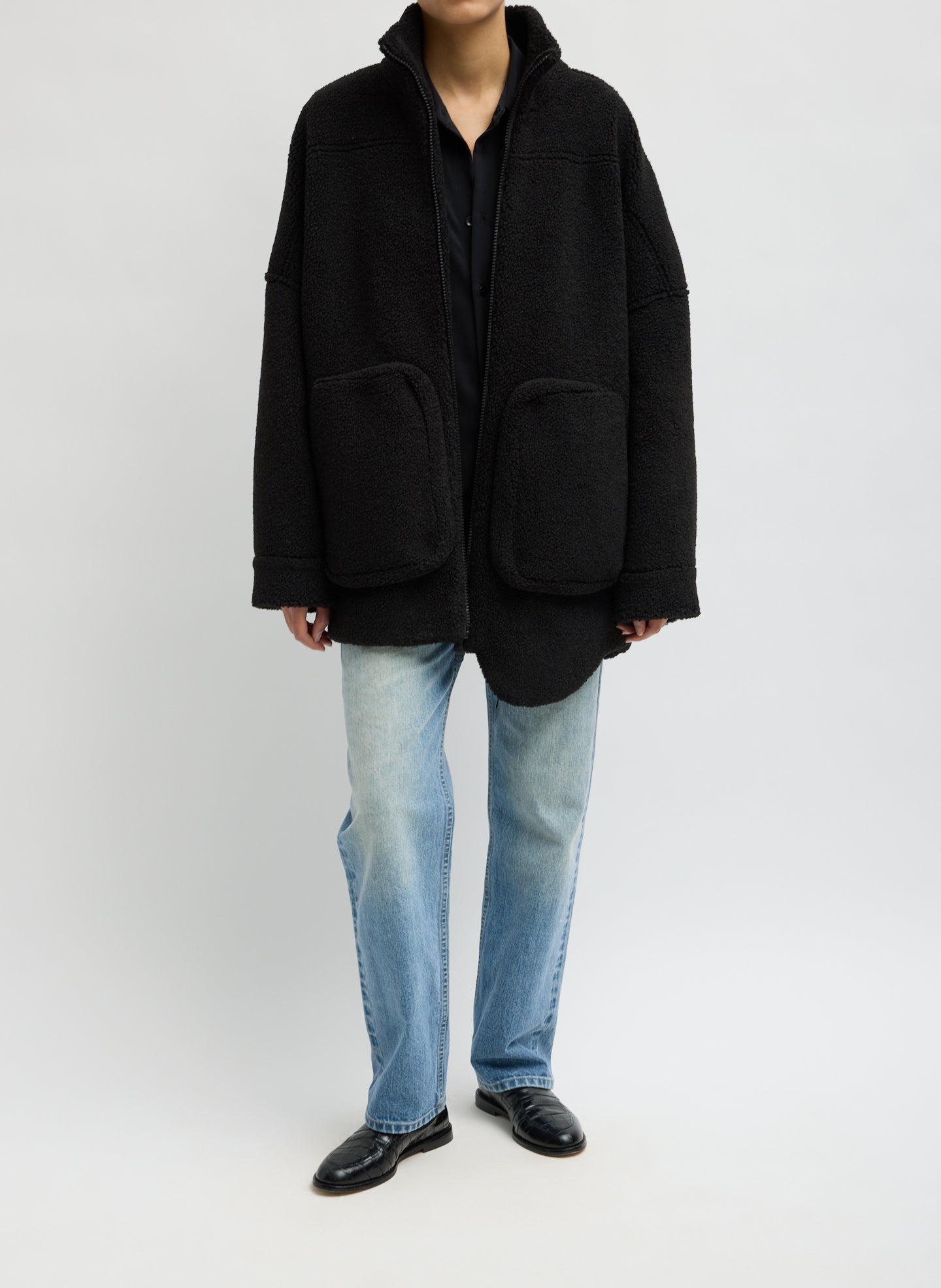 Black Cozy Fleece Zip Up Bomber Jacket - front view on model