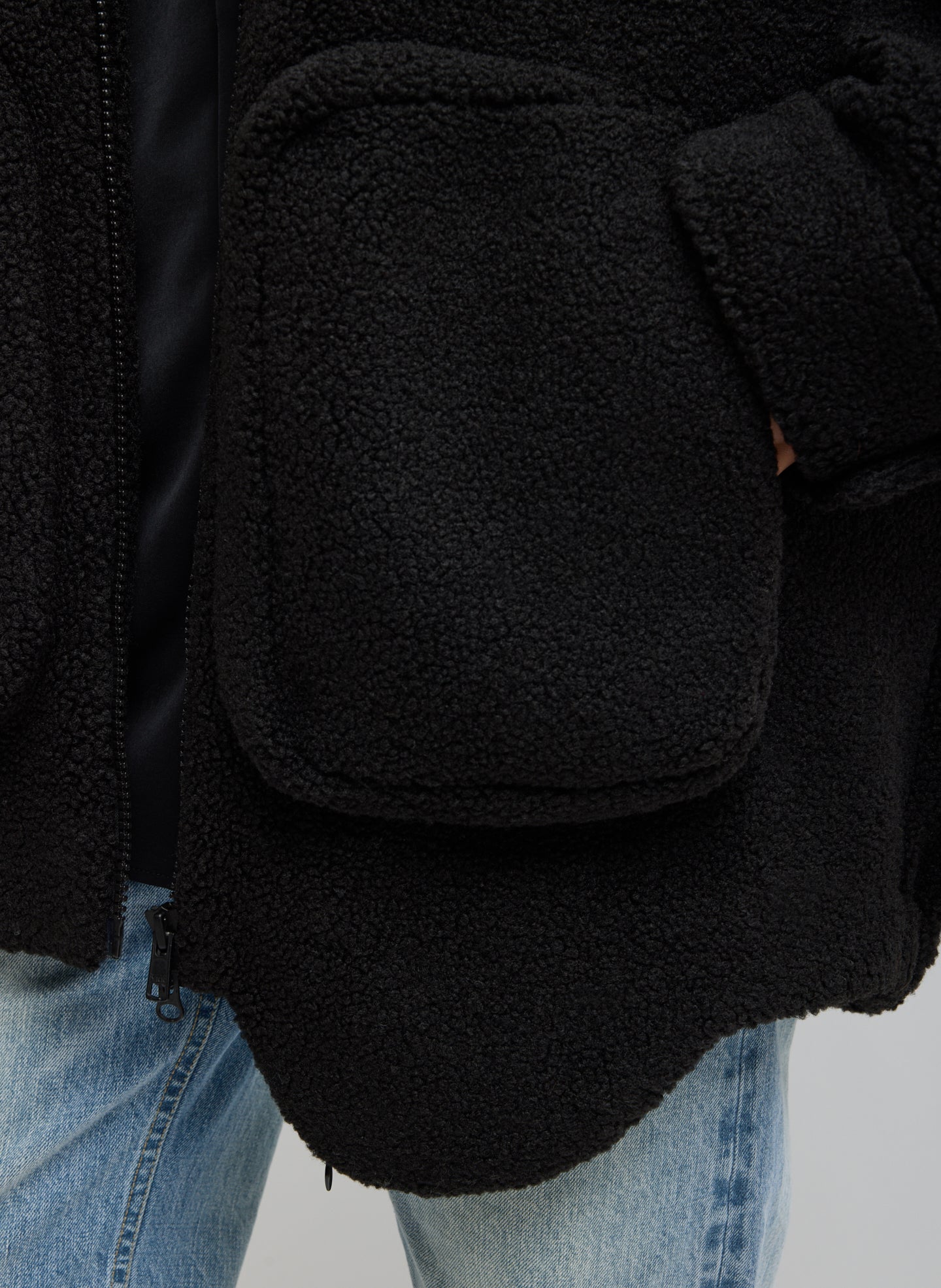 Black Cozy Fleece Zip Up Bomber Jacket - front view on model