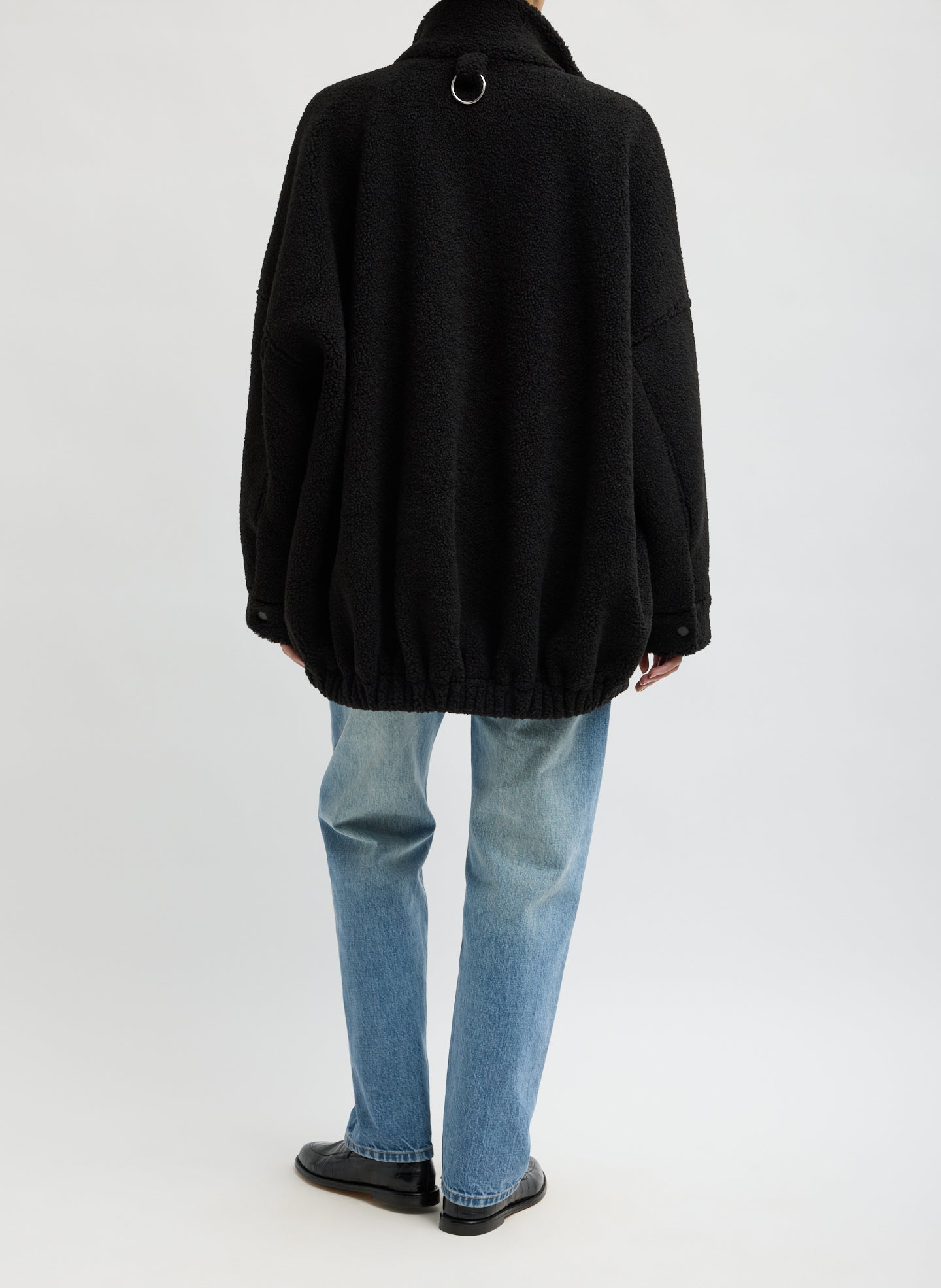 Black Cozy Fleece Zip Up Bomber Jacket - back view on model