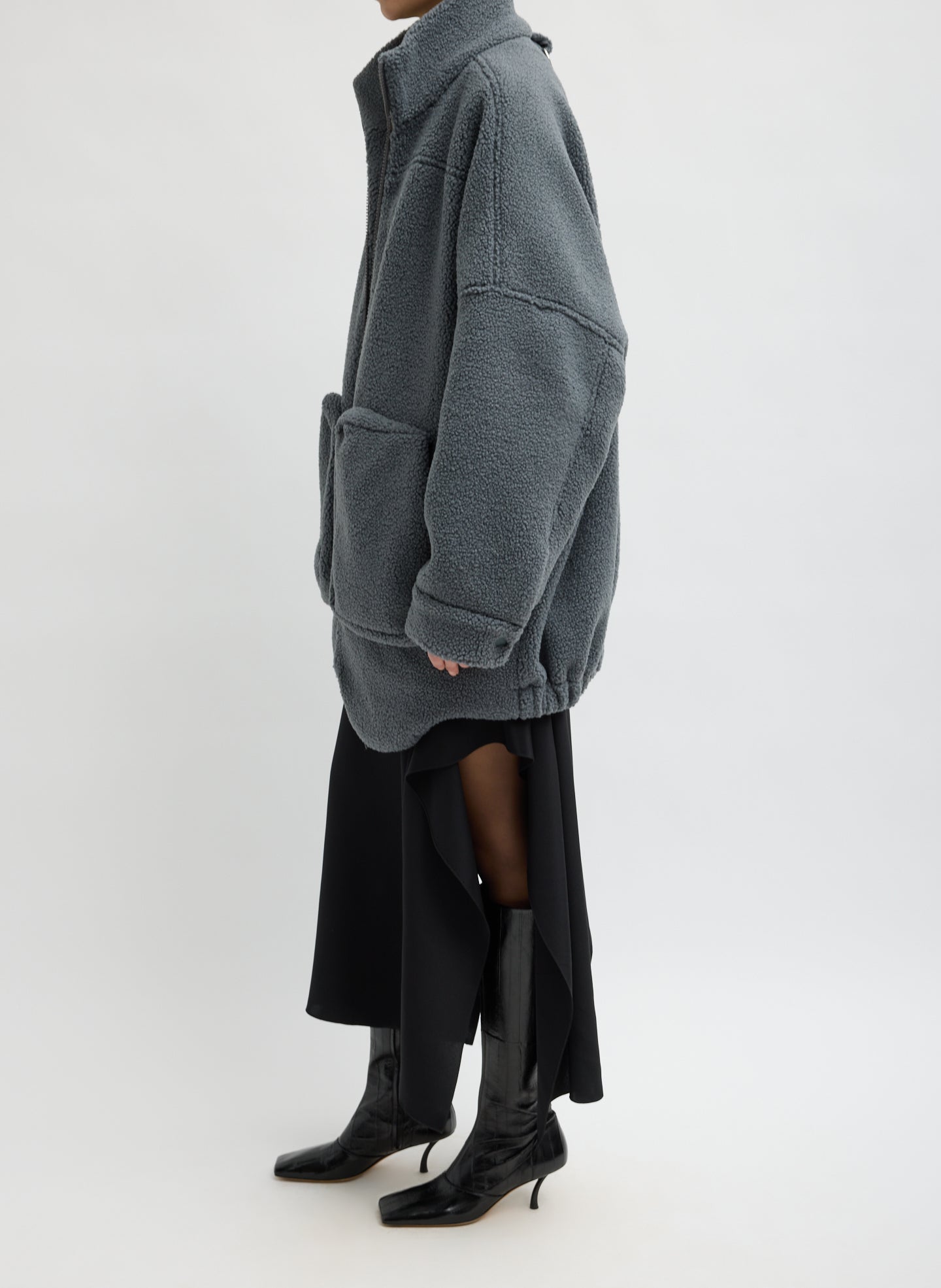 Grey Cozy Fleece Zip Up Bomber Jacket - side view on model