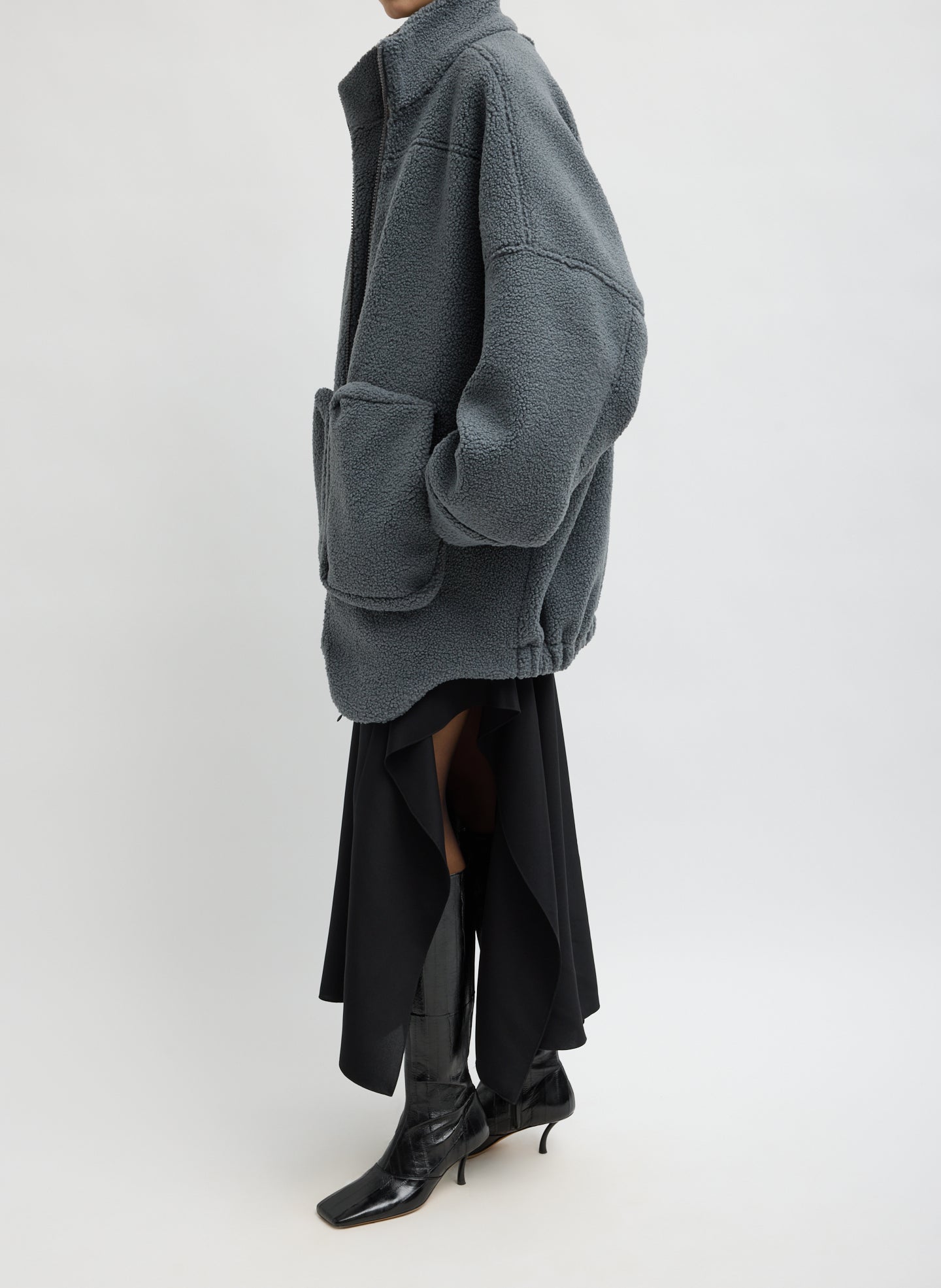 Grey Cozy Fleece Zip Up Bomber Jacket - side view on model