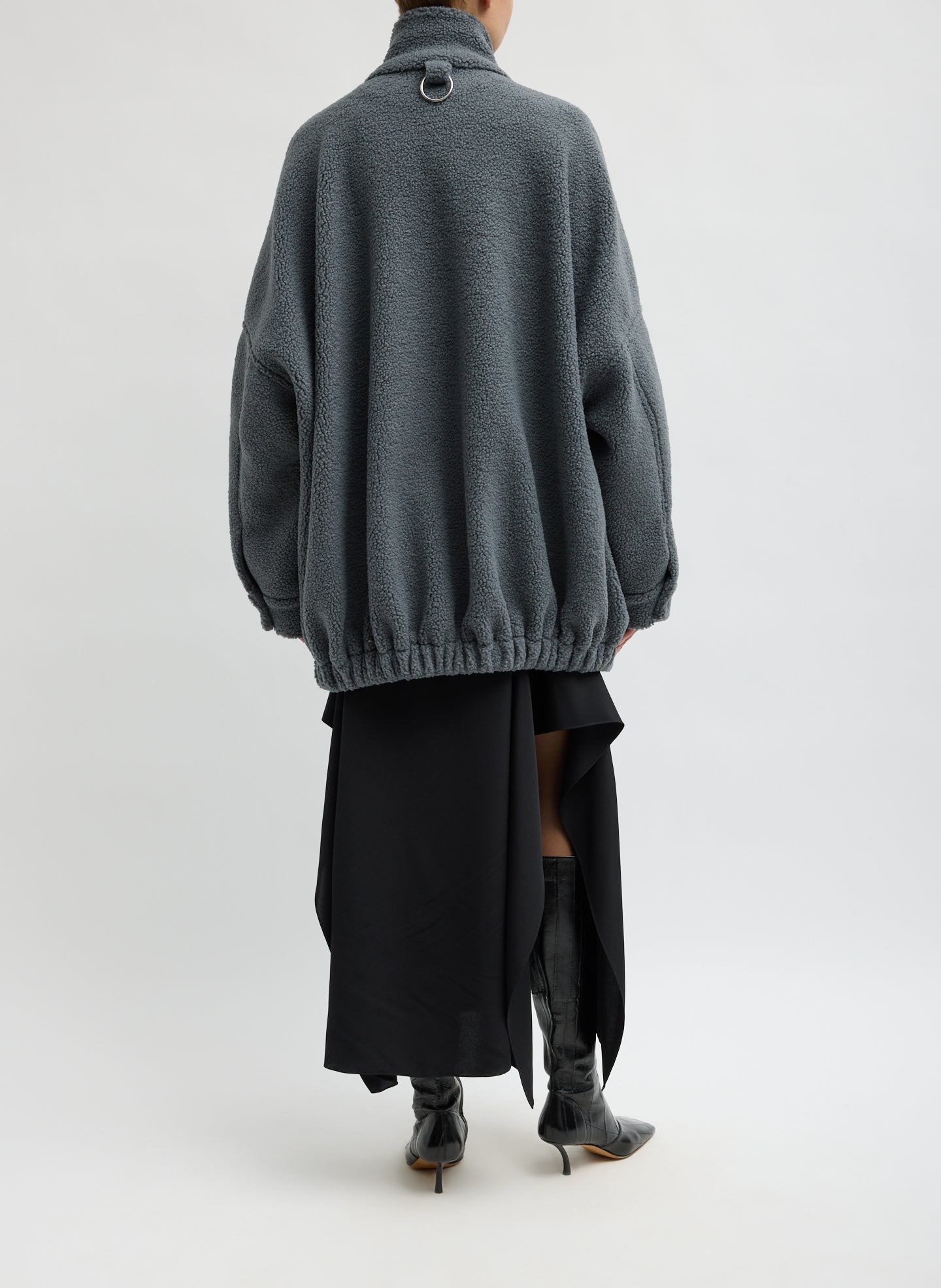 Grey Cozy Fleece Zip Up Bomber Jacket - back view on model