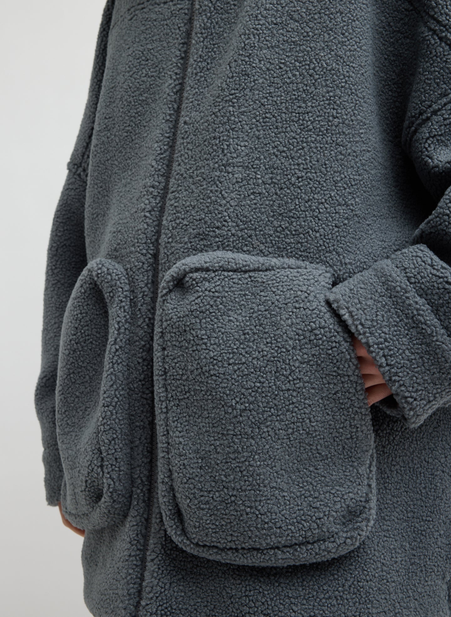 Grey Cozy Fleece Zip Up Bomber Jacket - closeup of front pocket details