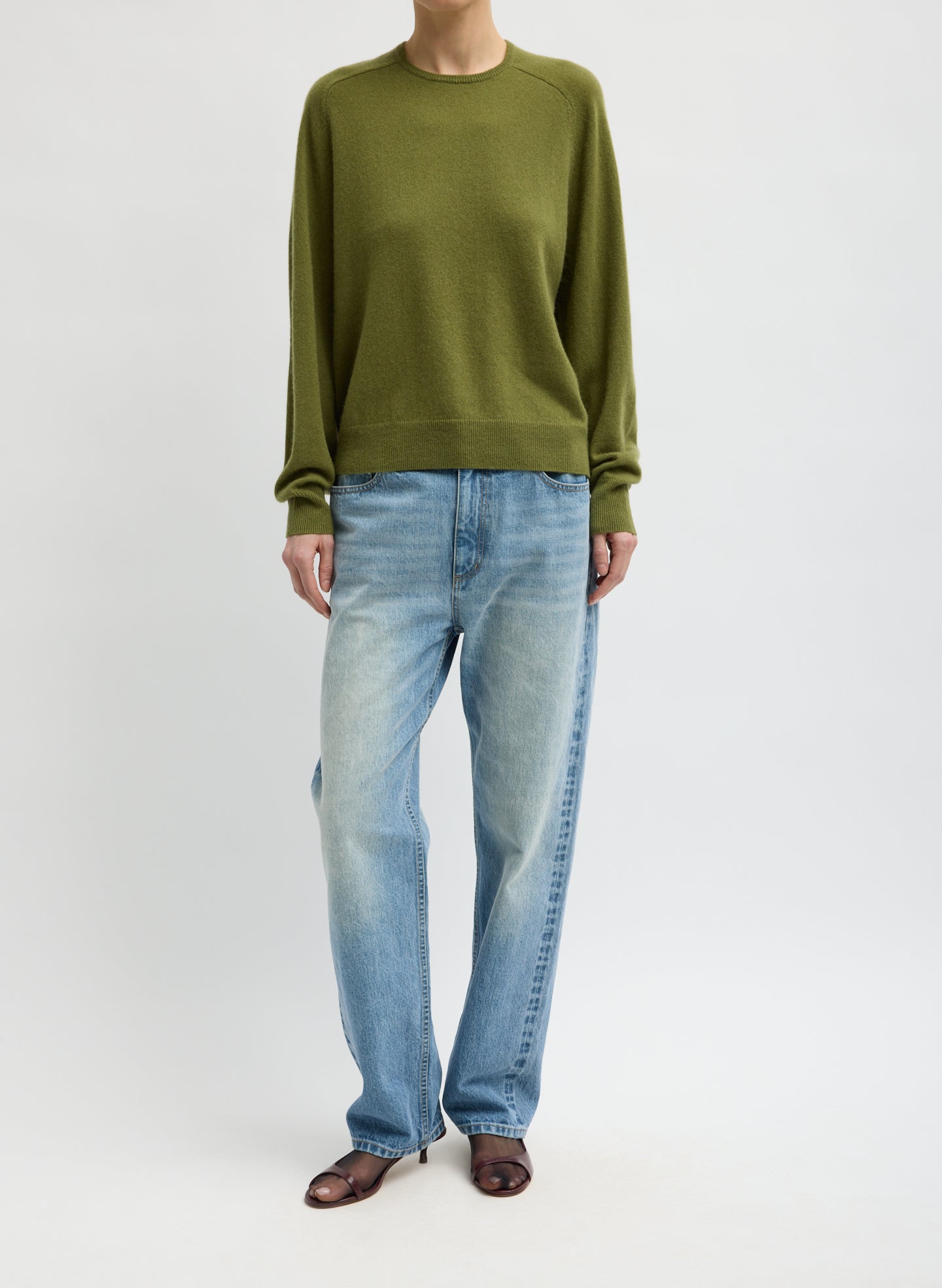 Green Feather Weight Cashmere Sweater - full look, front view on model