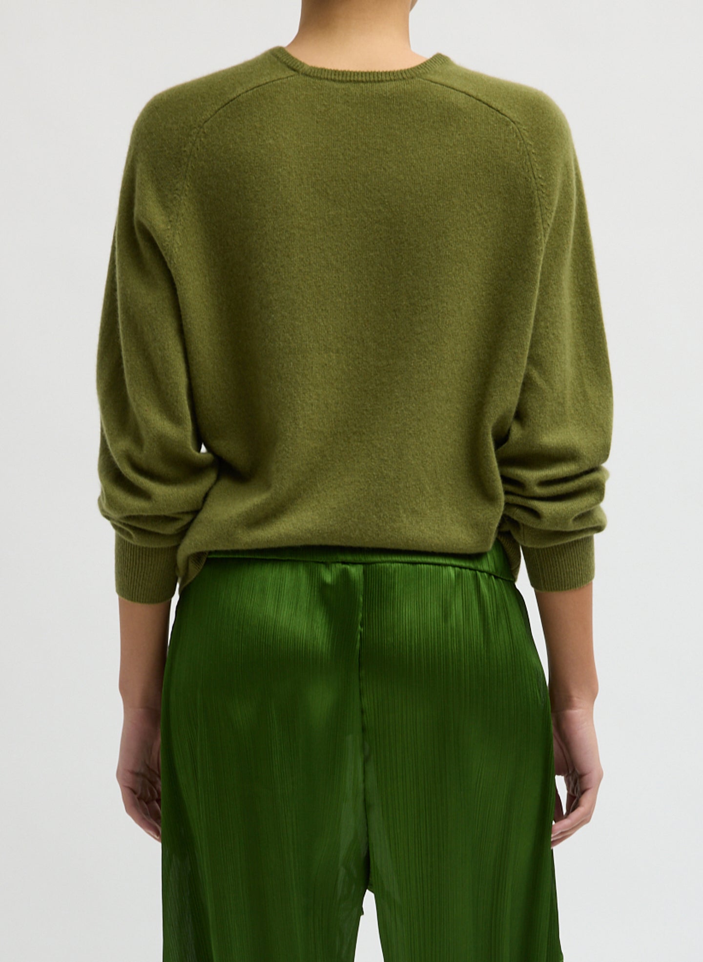 Green Feather Weight Cashmere Sweater - thin crewneck sweater, back view on model