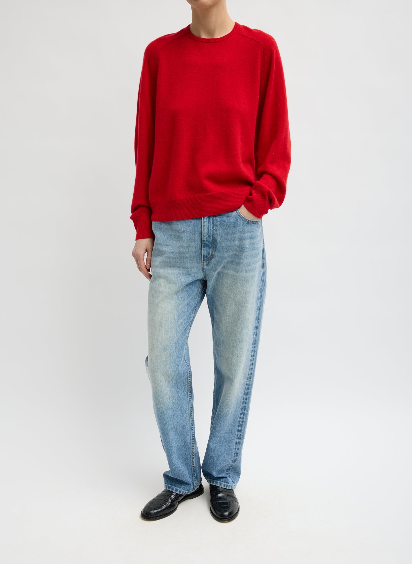 Red Feather Weight Cashmere Sweater - full look, front view on model