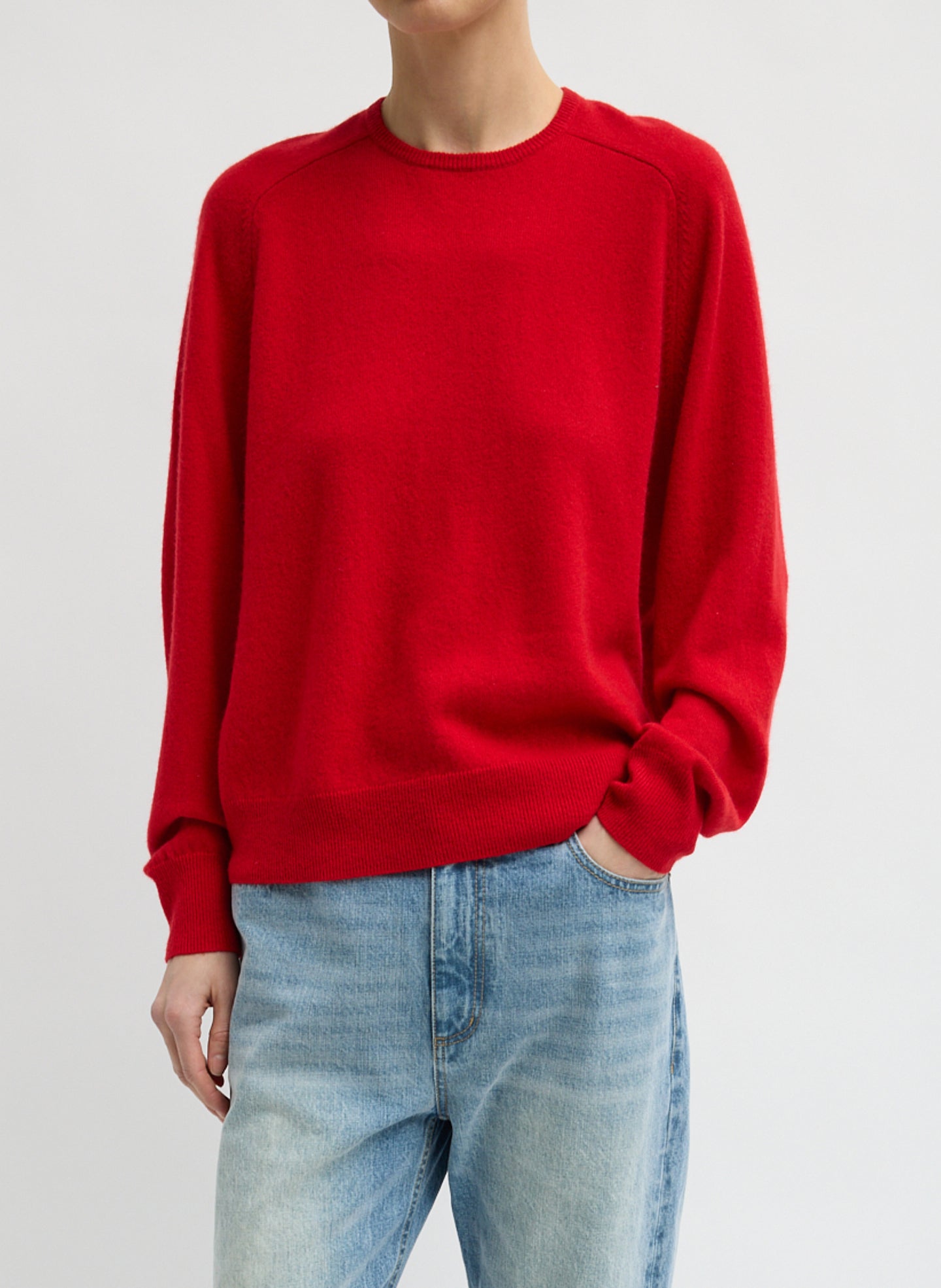 Red Feather Weight Cashmere Sweater - thin crewneck sweater, front view on model