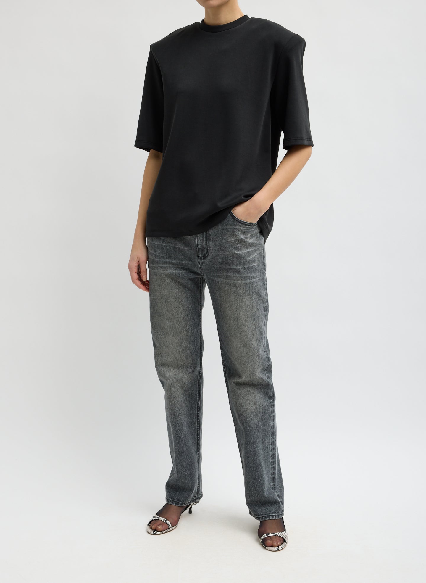 Black Feather Weight Viscose Neoprene Removable Shoulder Pad Top - full look, front view on model