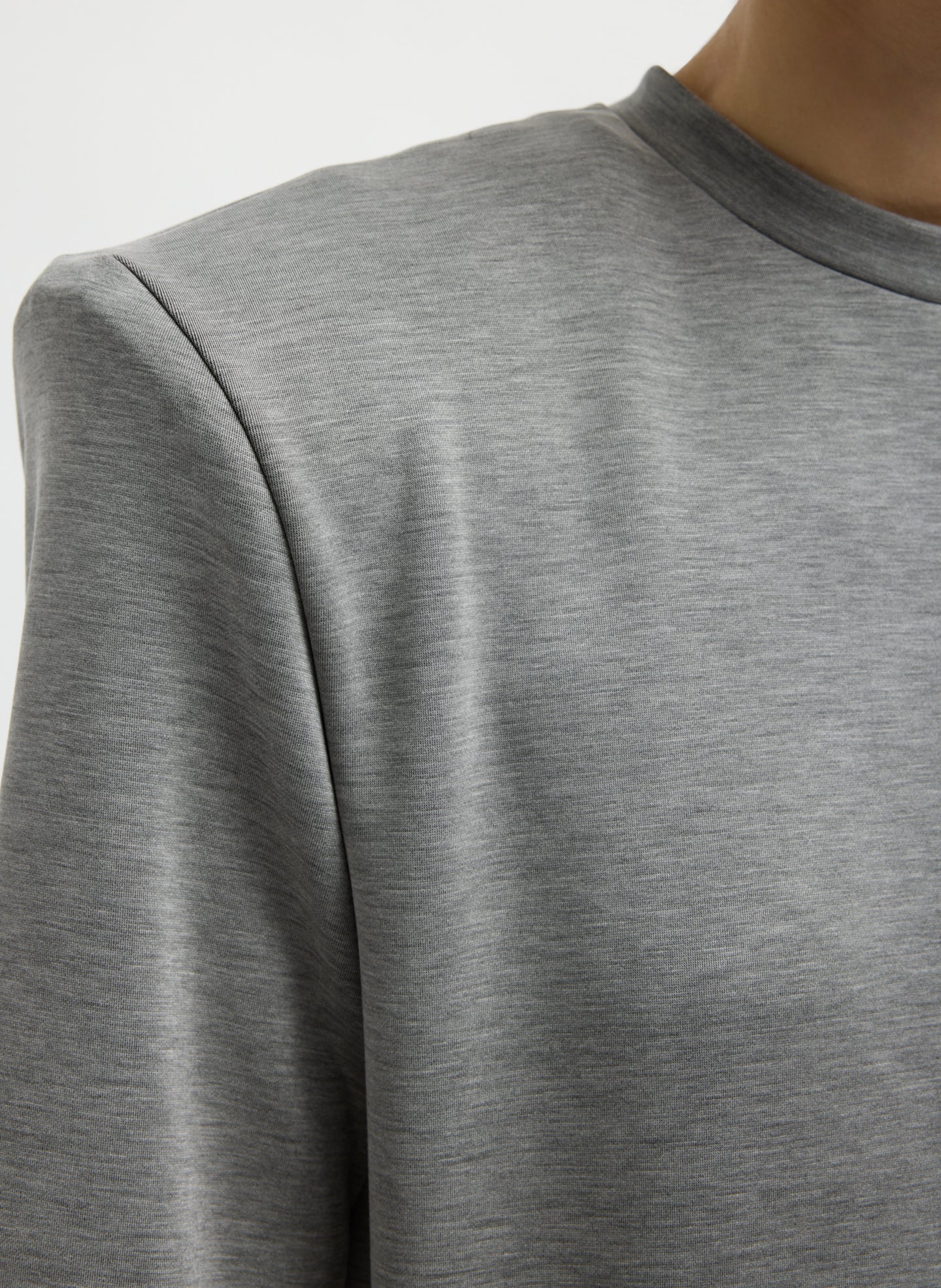 Grey Feather Weight Viscose Neoprene Removable Shoulder Pad Top - closeup of shoulder pad detail